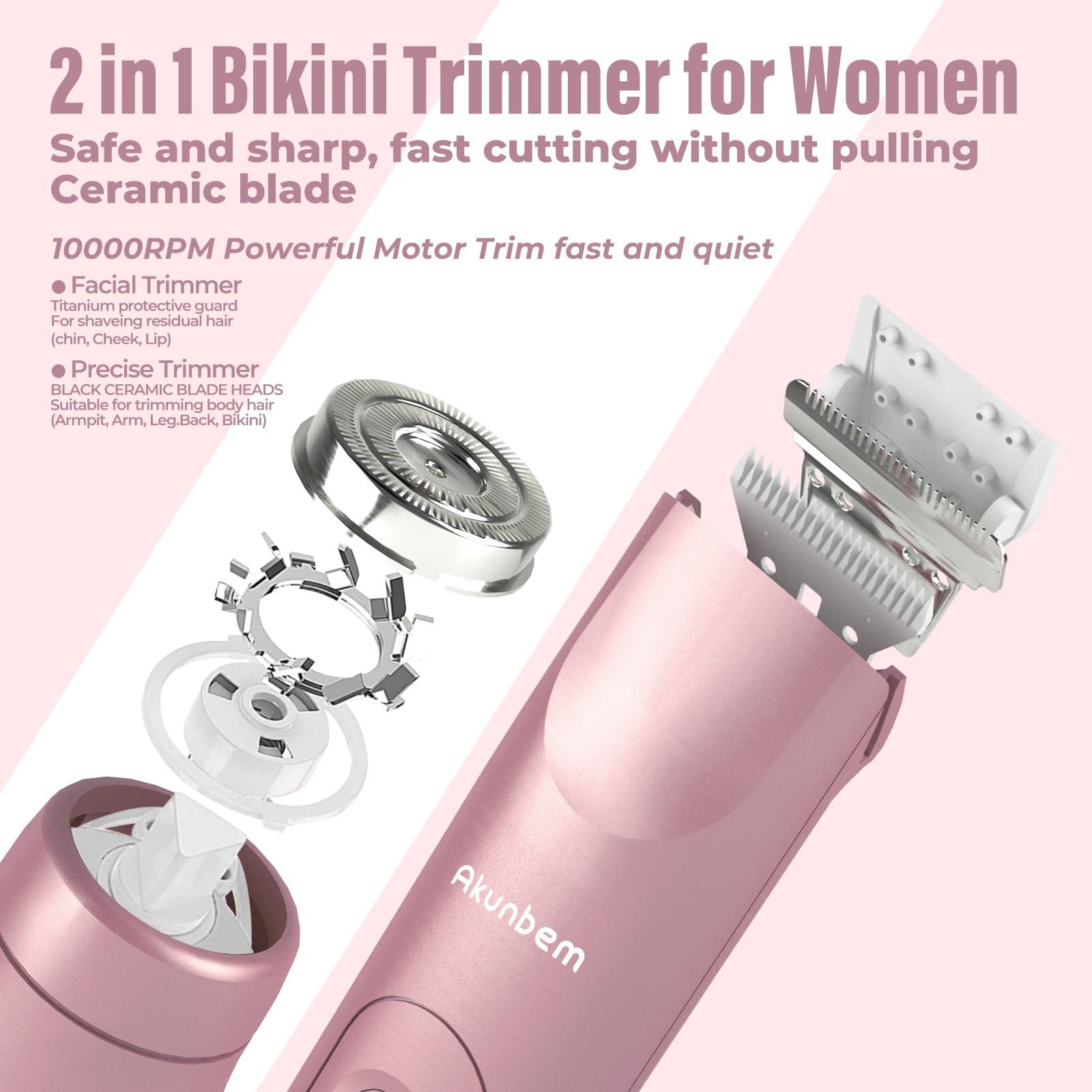 Akunbem Akunbem 2 in 1 Women Electric Shaver Dual Head Bikini Trimmer for Women IPX7 Waterproof Wet & Dry Use Body Hair Trimmer and Facial Hair Remover for Bikini Underarm Leg Arm Body Face