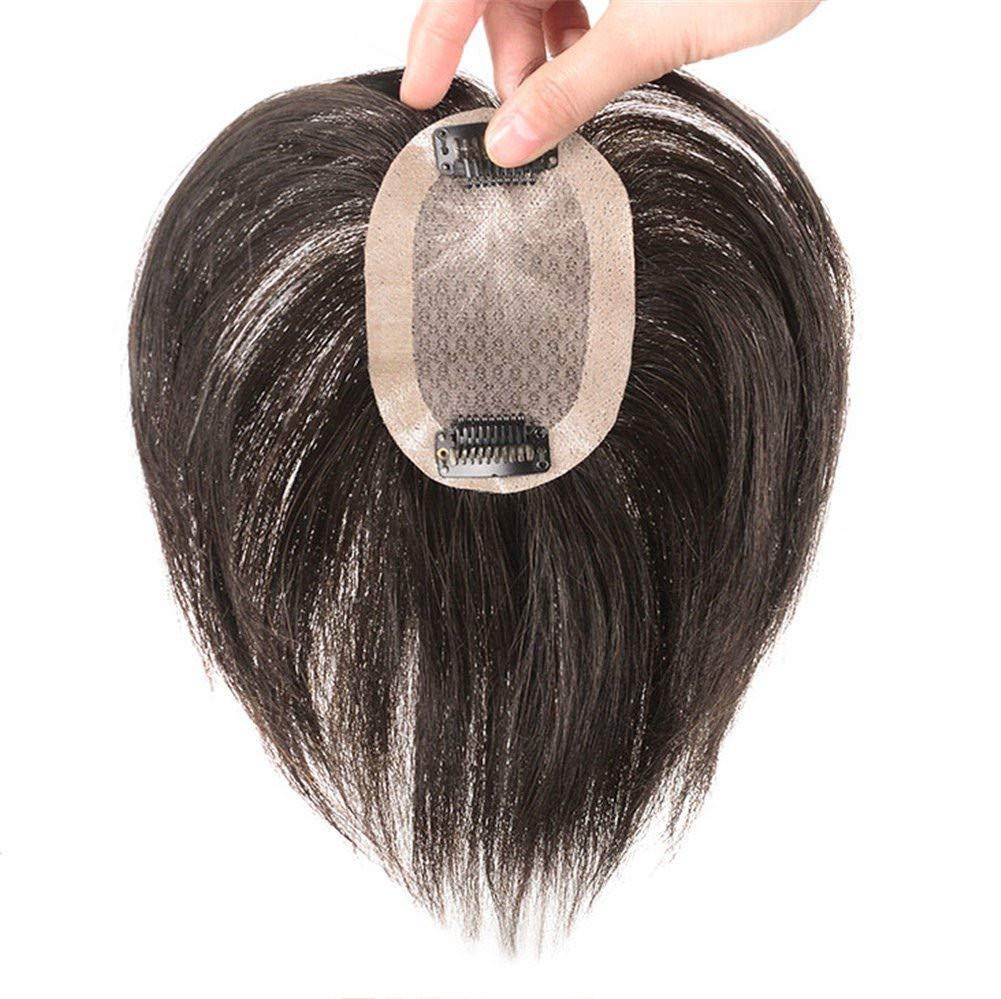 LXUE Real Human Hair Toppers for Short Hair Hand Tied Clip in Topper Hairpiece for White Thinning Hair, 7 x 10cm Dark Brown, 8"