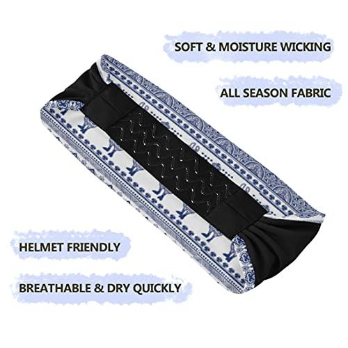 Poeticcity Blue Alpaca Llama Animal with Ethnic Tribal Ornaments Women's Headband, Stretchy Sweatband Breathable Head Wraps Sweat Wicking Elastic Hair Bands Head Scarf for Sports Yoga