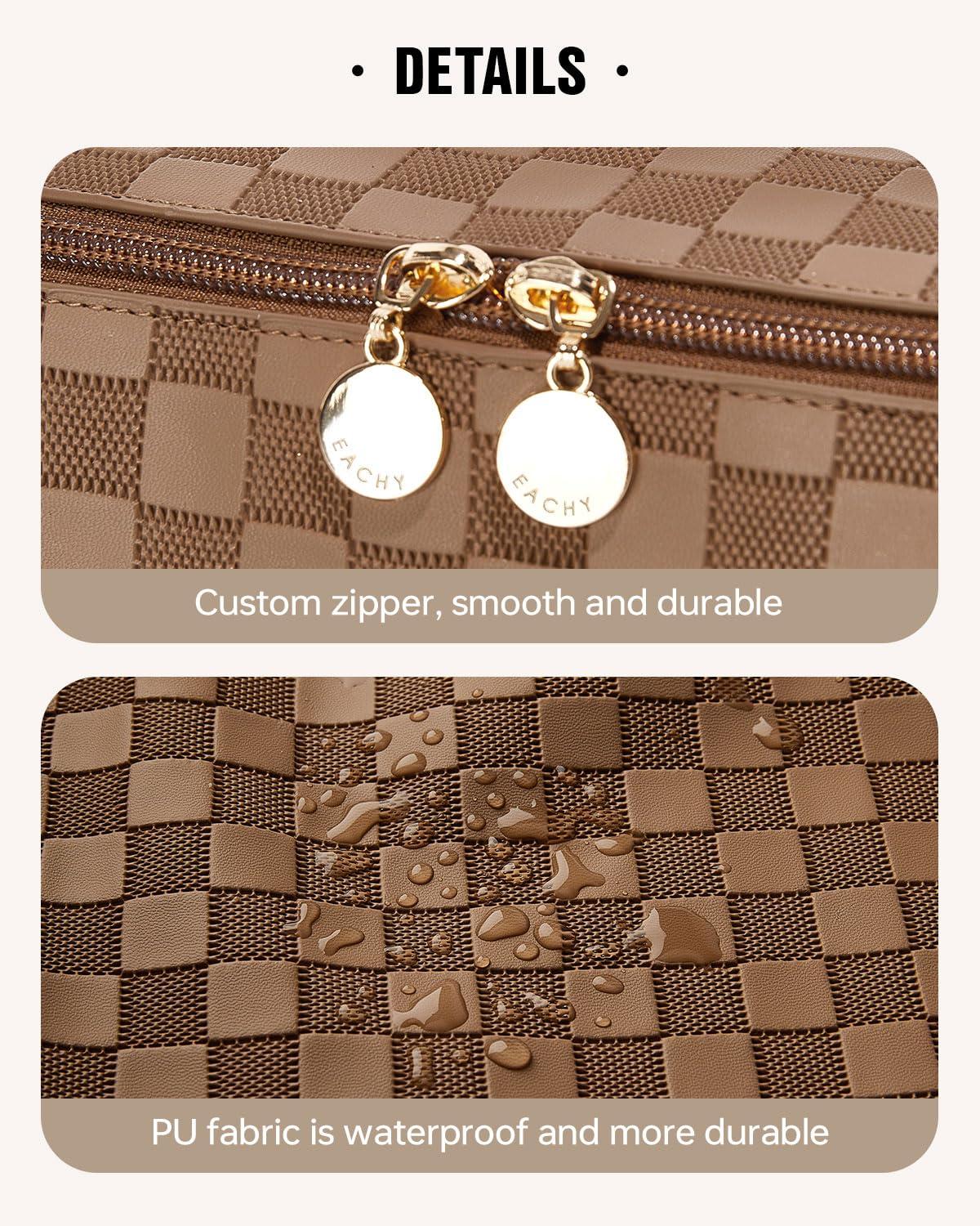 EACHY EACHY Travel Makeup Bag, Large Capacity Cosmetic Bags for Women, Waterproof Portable Open Flat Toiletry Bag Make up Bag with Divider and Handle, Gifts for Women (Plaid-Brown, Medium)