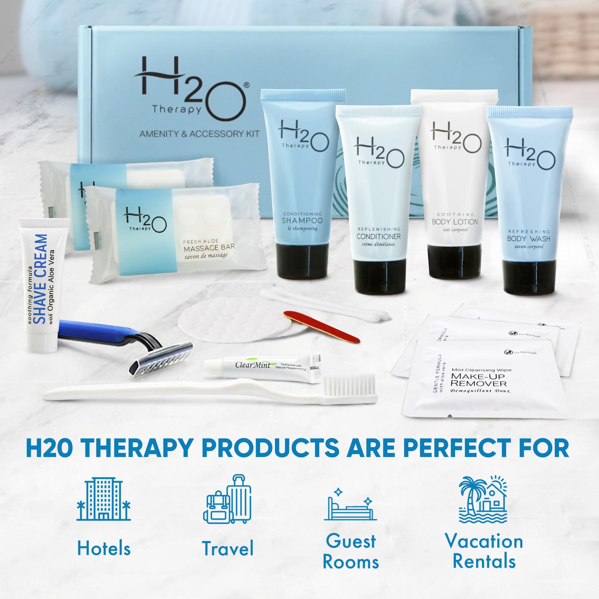 H2O Therapy H2O Therapy Amenity & Accessory Kit | 0.85 oz Travel Size Shampoo, Conditioner, Lotion, Body Wash, Massage Bar, Cleansing Bar, Shave & Dental Sets, Make-Up Remover Wipes, & Vanity Kit | 15 sets/case