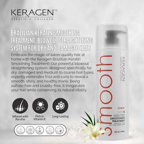 KERAGEN KERAGEN Hair Duo: Brazilian Keratin Smoothing Treatment (32 Oz) + Clarifying Shampoo (32 oz) - Forte Formula for Dry, Damaged Hair, Sulfate-Free, Eliminates Curls, Frizz