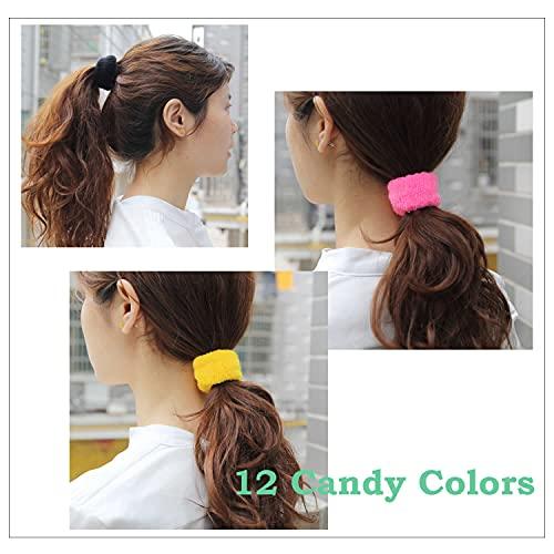 Angla 12 Pack Terry Cloth Cotton Elastic Stretchy Fuzzy Wide Thick Hair Ties Scrunchies Ties Ring Loop No Crease Seamless Hair Rubber Band Ponytail Holder Hair Accessories for Women Girl