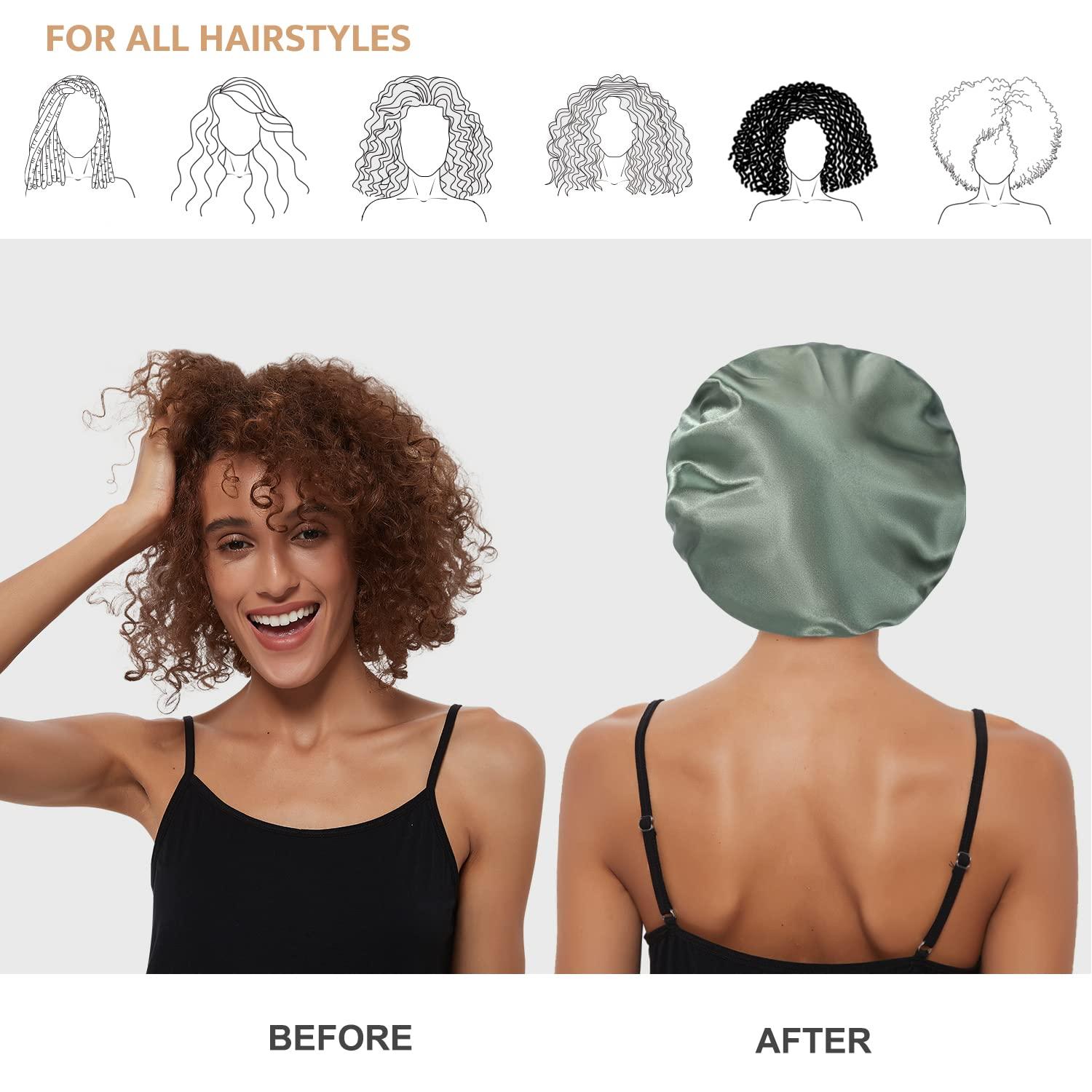 Hat Hut HAT HUT Satin Silk Bonnet for Curly Hair Sleep Cap for Women Sleeping Adjustable Hair Bonnet with Pattern Double Layer (OLIVE GREEN)