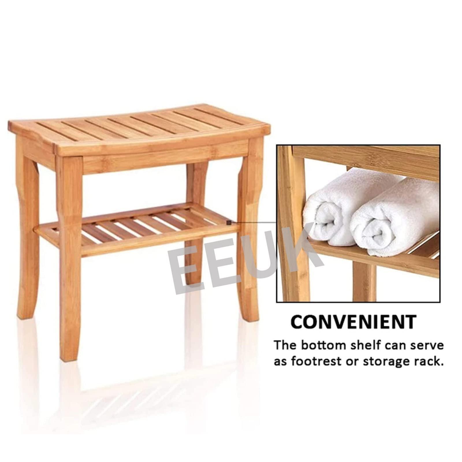 MQSS MQSS Shower Bench Wood Waterproof, Bamboo Teak Shower Stool for Shaving Legs with 2-Tier Storage Shelf Shower Spa Chair Seat for Indoor Outdoor