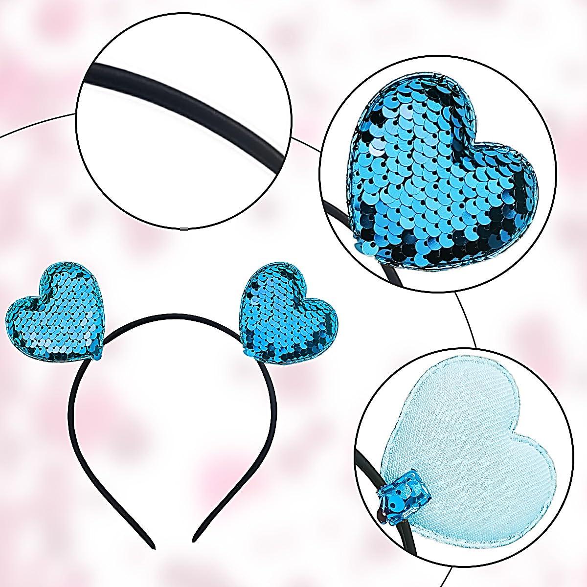 Doneace Valentines Day Headband Blue Glitter Heart Headband Sequin Heart Shape Hair Band Head Boppers Wedding Hair Hoop Party Hair Accessories for Women Girls Valentine\'s Day New Year Birthday Gift, 1Pack
