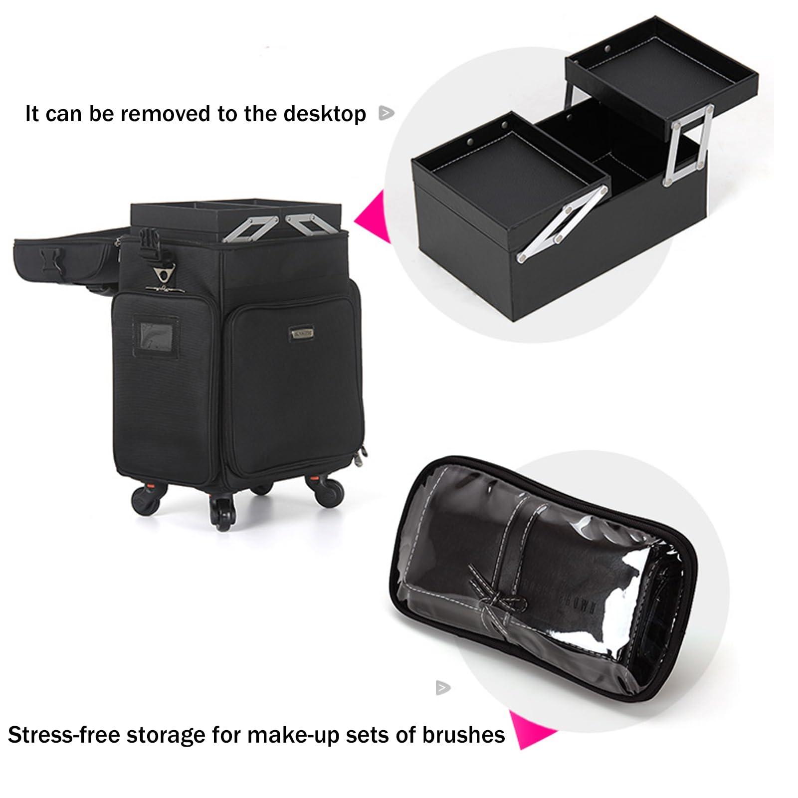 HJXGQJM HJXGQJM Oxford Cloth Rolling Makeup Case With Wheels Travel Cosmetic Cases Detachable Professional Rolling Trolley Makeup Travel Case Oxford Vanity Portable Makeup Artist Organizer Box Black