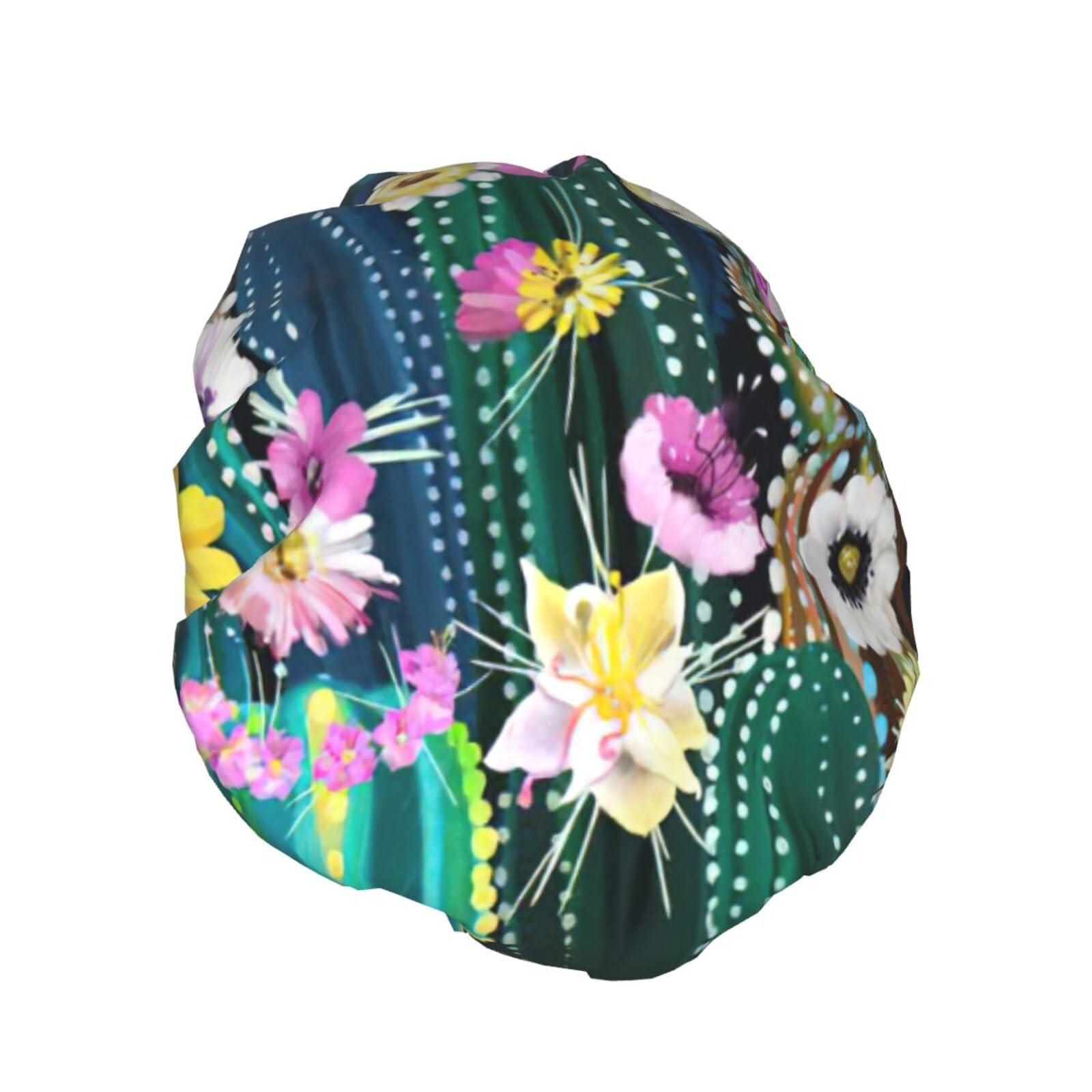 WURTON WURTON Blooming Cactus Print Soft Shower Cap for Women, Reusable Environmental Protection Hair Bath Caps