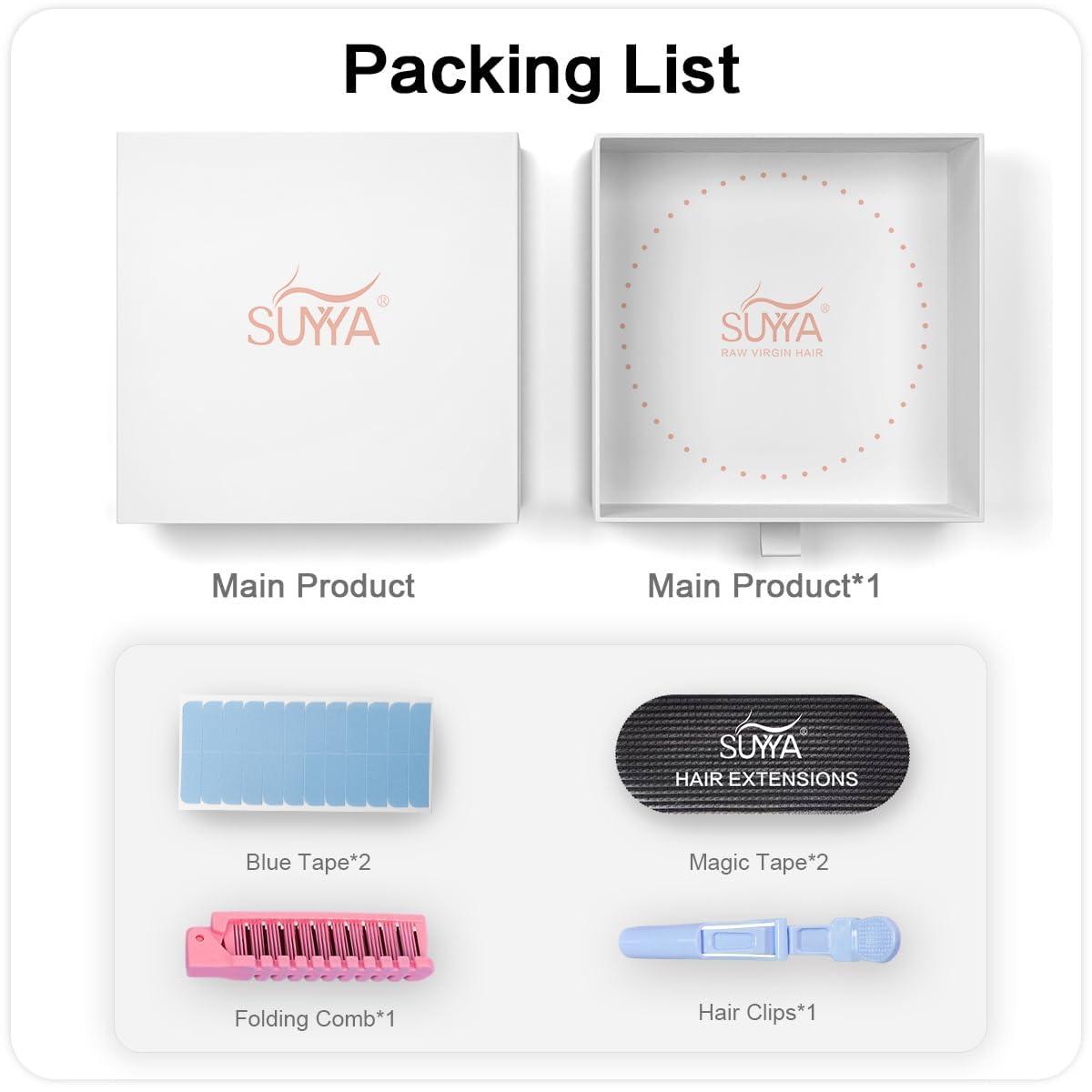 SUYYA SUYYA Invisible Tape in Hair Extensions Human Hair Natural Black Seamless Injected Hand-Tied Pro Quality Virgin Human Hair 20PCS 50G/Pack Straight Tape Ins(20 inch #1B Off Black)