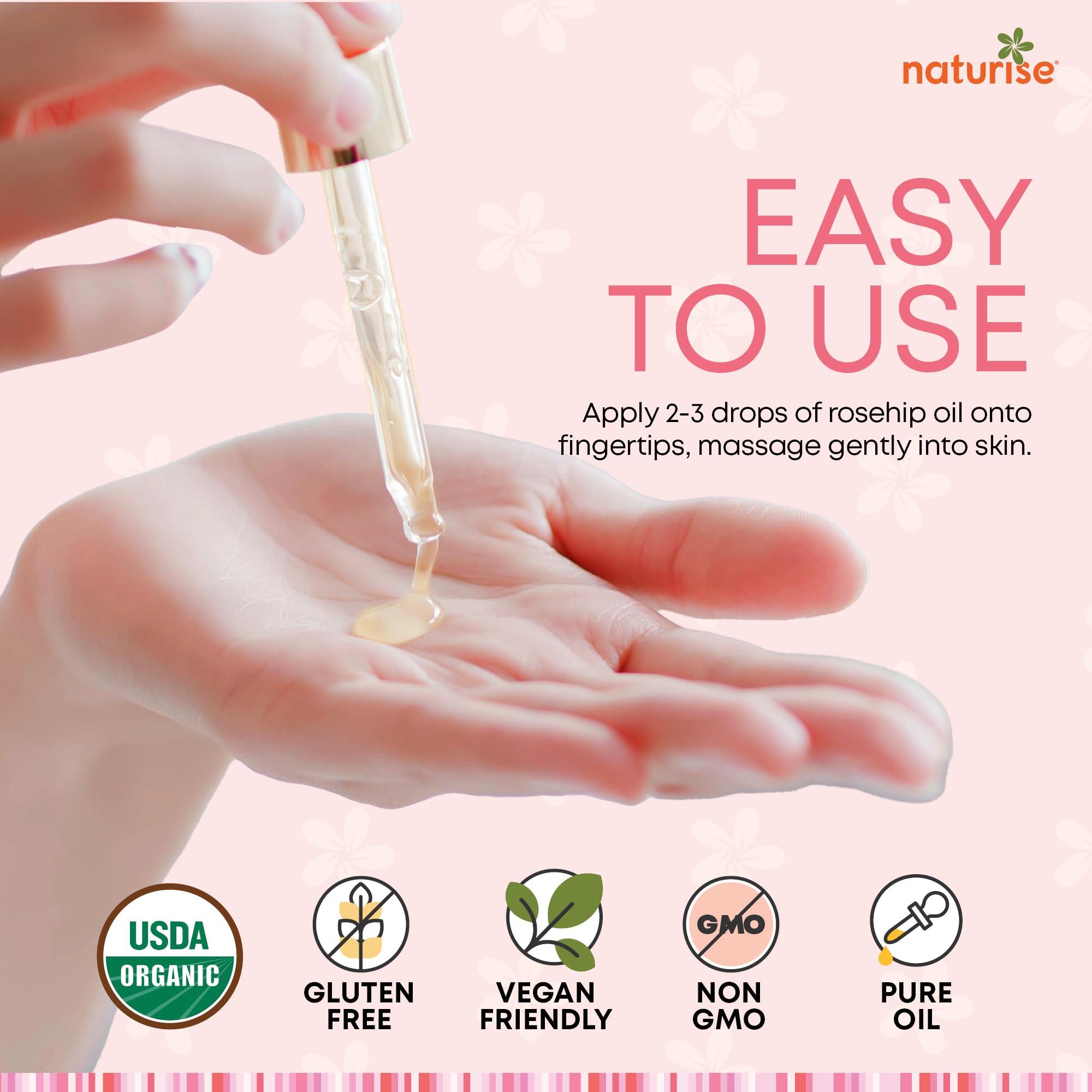 Naturise Naturise Organic Rosehip Seed Oil for Face, 100% Pure, Natural Cold Pressed Rose Hip Oil for Skin, Hair, Nails and Body Care (1 FL. OZ.)