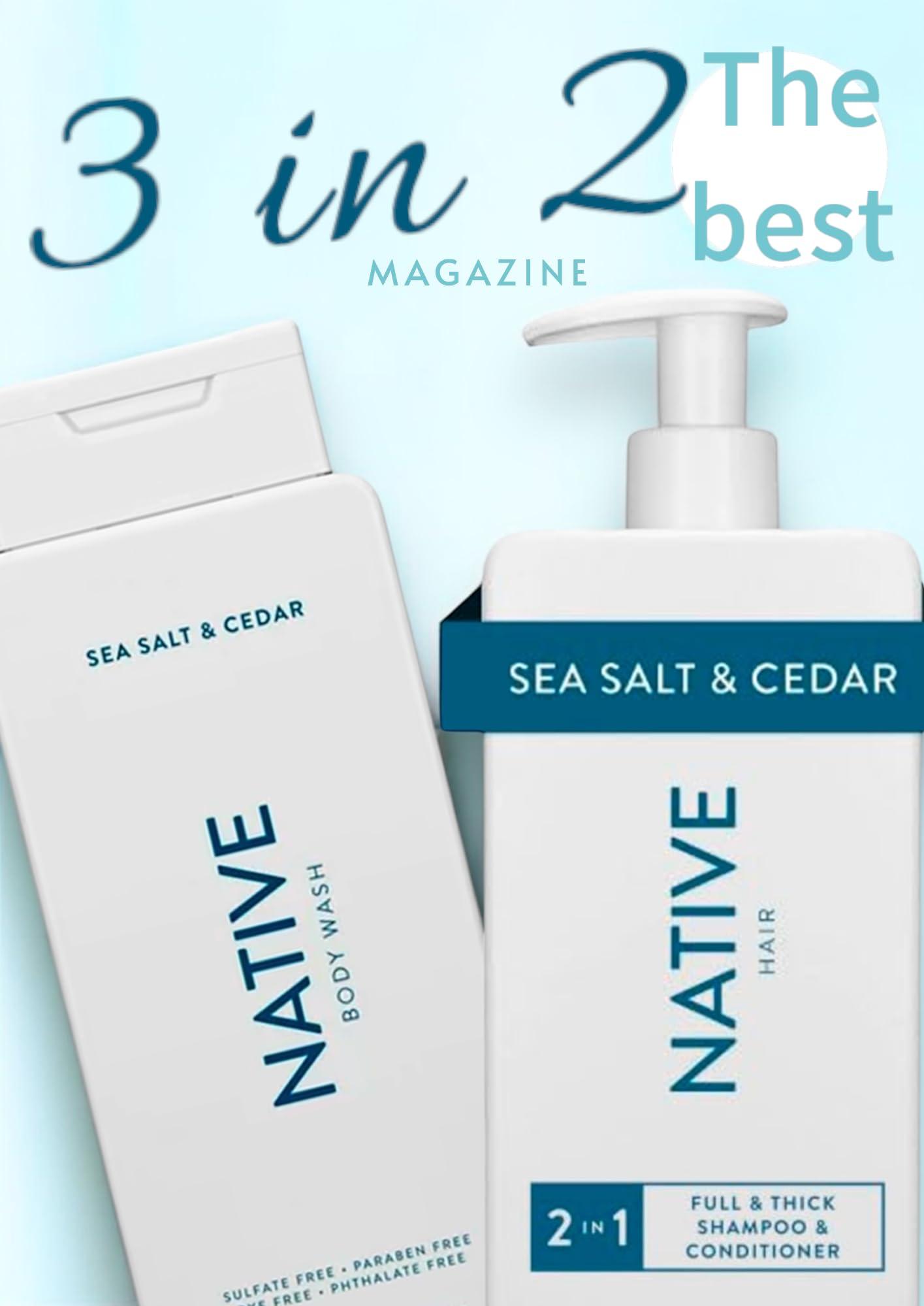 Hair Care And Body Wash Native - Hair and Body Wash - 2 in 1 Shampoo and Conditioner And Body Wash - Sea Salt & Cedar - Contain Naturally Derived Ingredients | All Hair - 16.5 and 18 FLOz - Pack Of 02