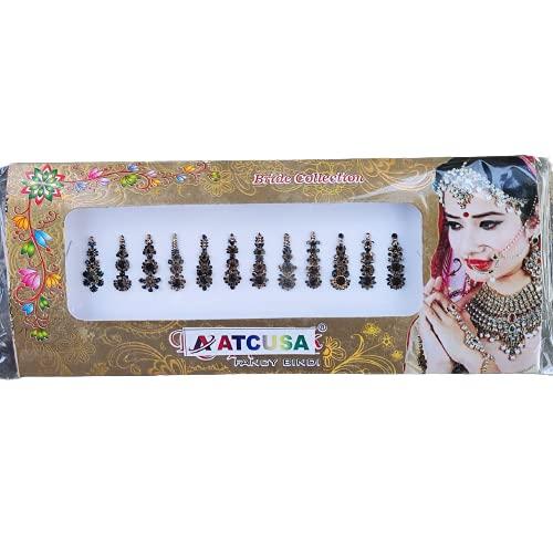 ATCUSA 12 Black long Crystal Bindi Bridal face Jewels Forehead Tika Indian Bindis for women bindi Indian multicolor round long small gold (Long 12 bindi - Black color)