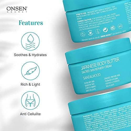 Onsen Secret Onsen Japanese Body Butter for Women - Skin Refinery Cream Natural and Organic Shea Butter Moisturizing Clear Skin Exfoliator with Coconut Oil and Vitamin E - 8.6 fl oz / 255 ml (Sandalwood)