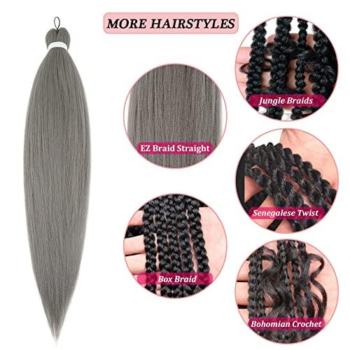 SIXERSI Grey Braiding Hair Pre Stretched Synthetic Hair for Braiding Micro Prestretched Braiding Hair 26 inch 3 Packs Long Itch Free Knotless Yaki Crochet Twist Box Braids Weave Braiding Hair Extensions