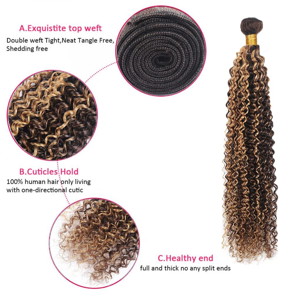 ZevPiul Ombre Curly Bundle Highlight Human Hair Bundles 8A Brazilian Virgin Highlight Curly Human Hair 3 Bundles 12 14 16 Inch Double Weft P4/27 Bundle Honey Blonde Curly Bundles Human Hair Extensions