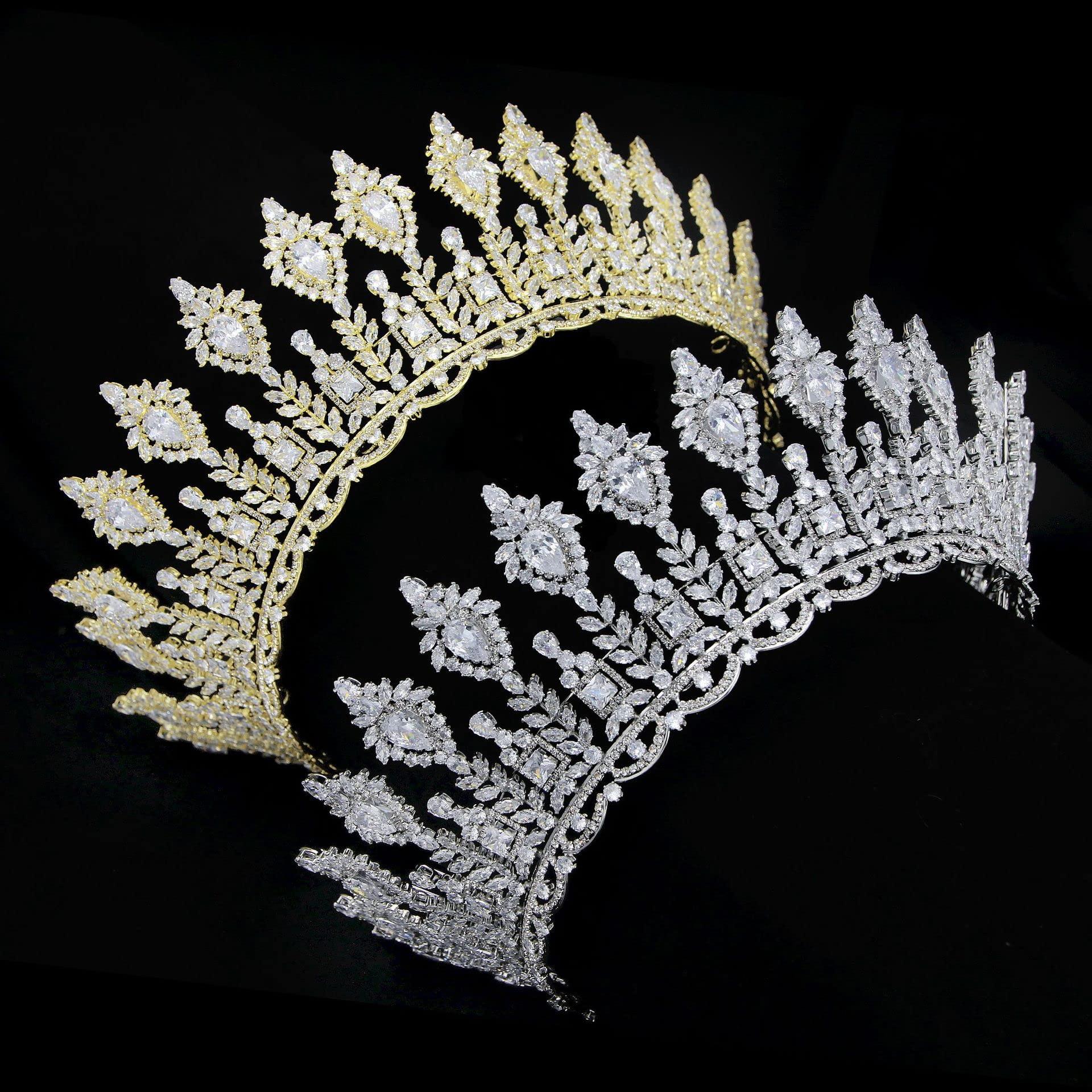 QXMYOO Luxury Round Wedding Crowns for Women Silver Cubic Zirconia Big Queen Tiaras Full Pageant Crowns Hair Accessories for Bride