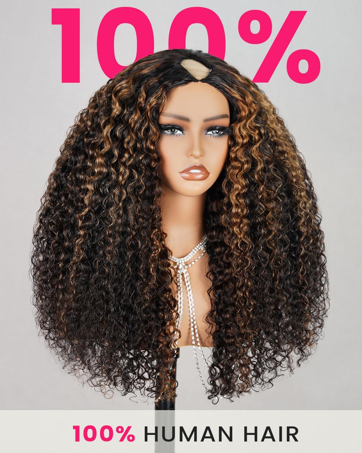 MEGALOOK MEGALOOK V Part Wig Human Hair Highlight Wig 12A Deep Curly Wig Human Hair 180% Density Half Wigs for Women Glueless U Part Wig with Clip Beginner Friendly No Sew In No Glue 18 Inch FB30#