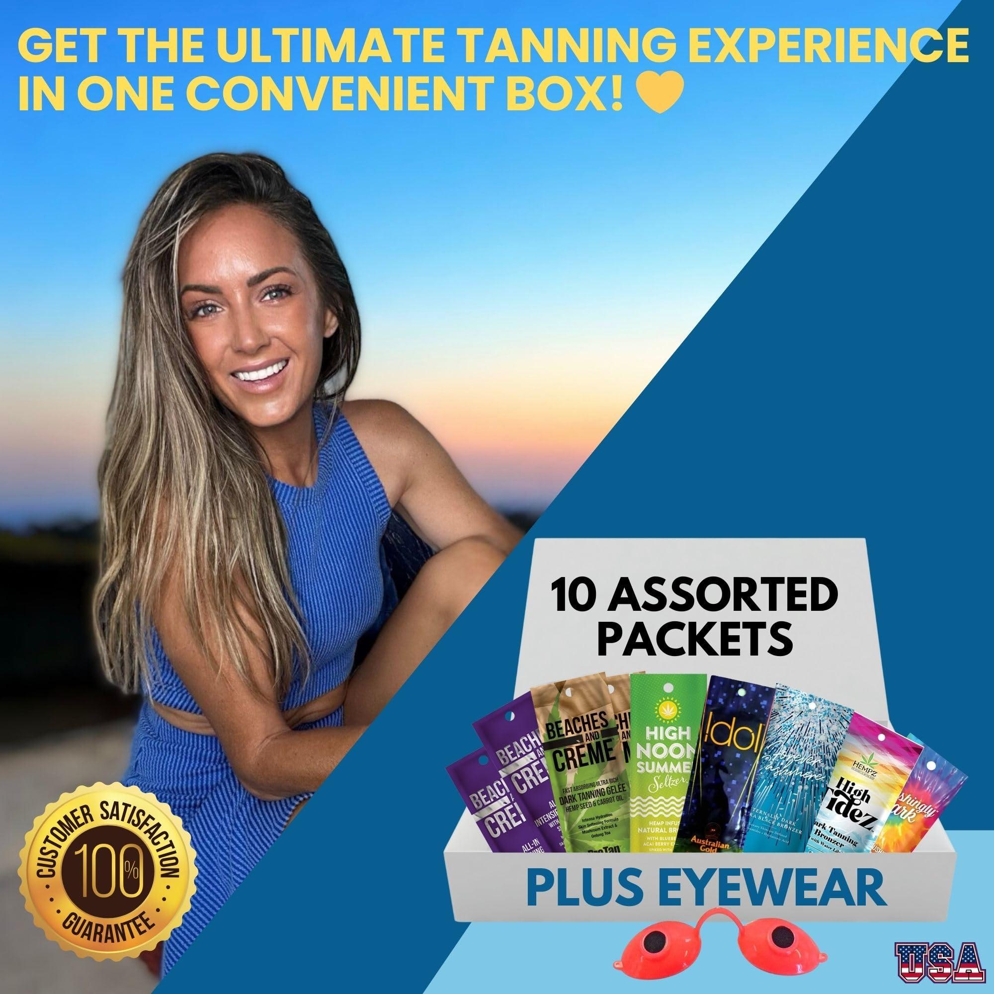 ES Global Brands 10 Pack of Tanning Bed Lotion + Eyewear  Tanning Bed Lotion Packet Box, Best Lotion for Tanning, Indoor Bed Lotion, Outdoor Sun Tan Lotion, Tanning Accelerator (0.5 oz each)