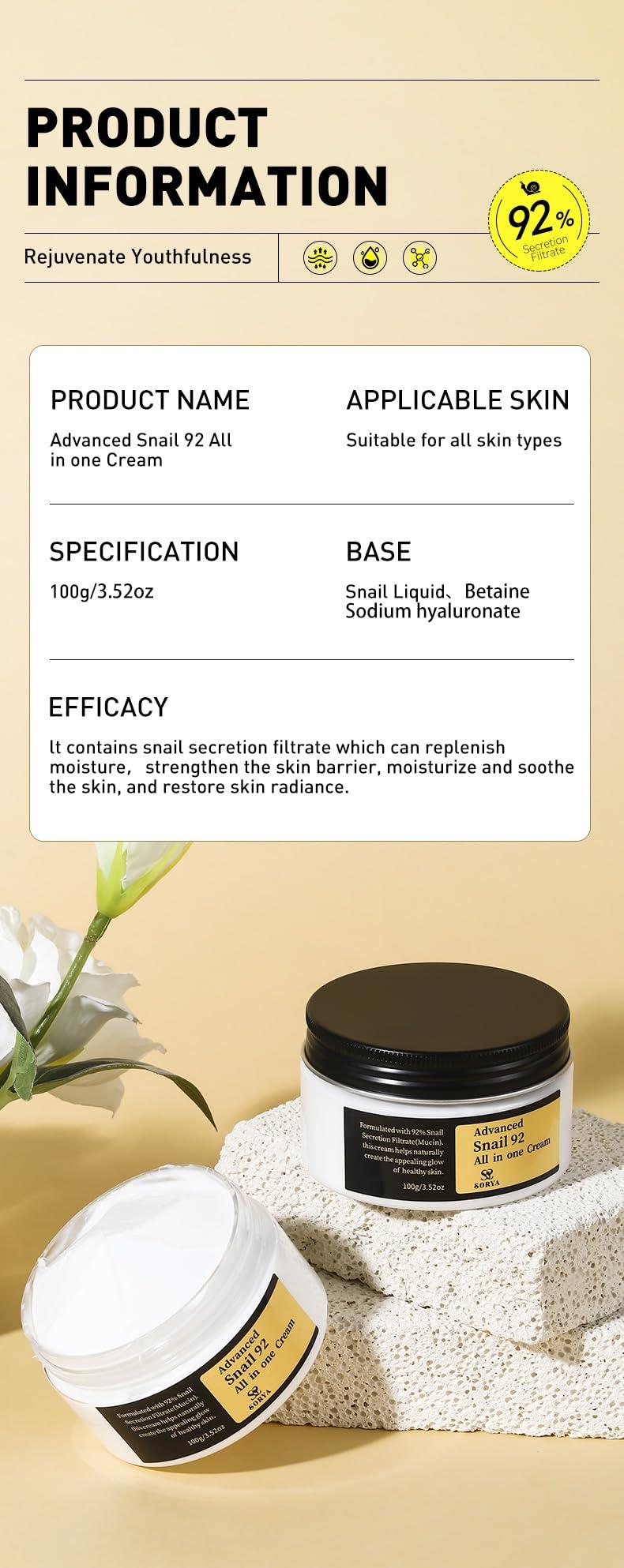 SORYA Advanced Snail Mucin 92% Face Cream Snail Moisturizer Powerful Anti Aging Blemishes for Deep Hydration, Skin Repair, and Wrinkle Reduction