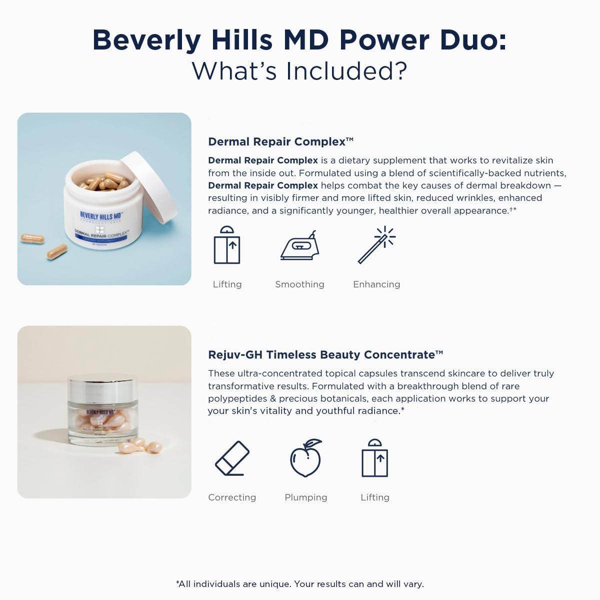 Beverly Hills MD Beverly Hills MD Power Duo Set- Dermal Repair Complex Supplements & Rejuv-GH Timeless Beauty Concentrate Serum- Bundle for Firm, Youthful Skin- Helps w/Appearance of Aging Skin, Wrinkles, Fine Lines