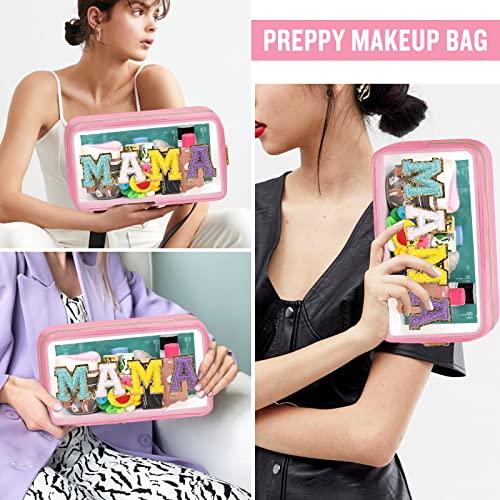 izuzta Chenille Letter Clear Makeup Bags Mama Pouch, Preppy Patch Makeup Bag with Zipper, Transparent PVC & Nylon Waterproof Portable Glitter Cosmetic Bag Travel Toiletry Storage for Women Girl(MAMA-Pink)