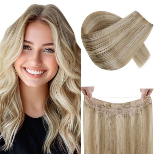 RUNATURE RUNATURE Wire Human Hair Extensions Dark Blonde Highlight Golden Blonde Fish Wire Hair Extensions Real Human Hair Invisible Wire Hair Extensions 16 Inch 80g
