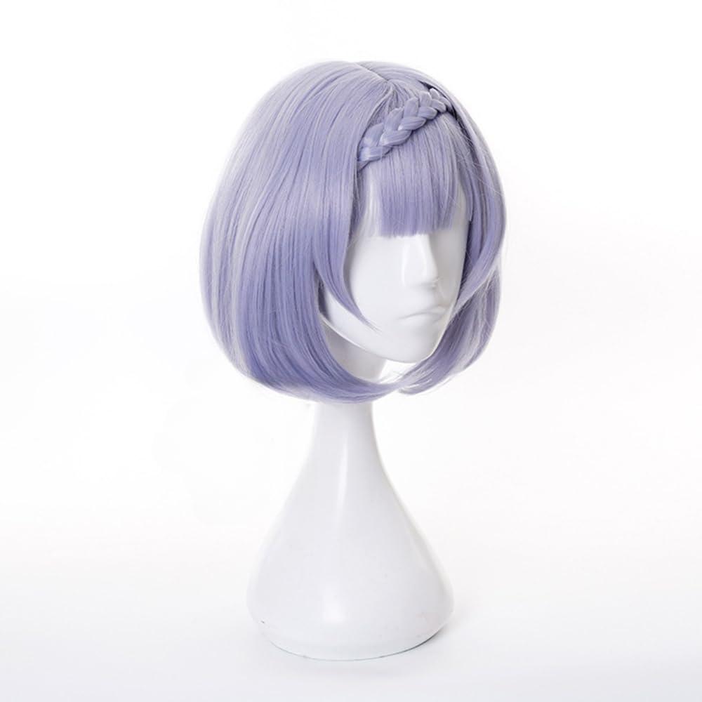 TO KU TOO YUO TO KU TOO YUO Wig for Game Light Purple Hair Wig Short Bob Wig with Bangs Straight Wig with Braid Heat Resistant Wig Role Play Halloween Wig