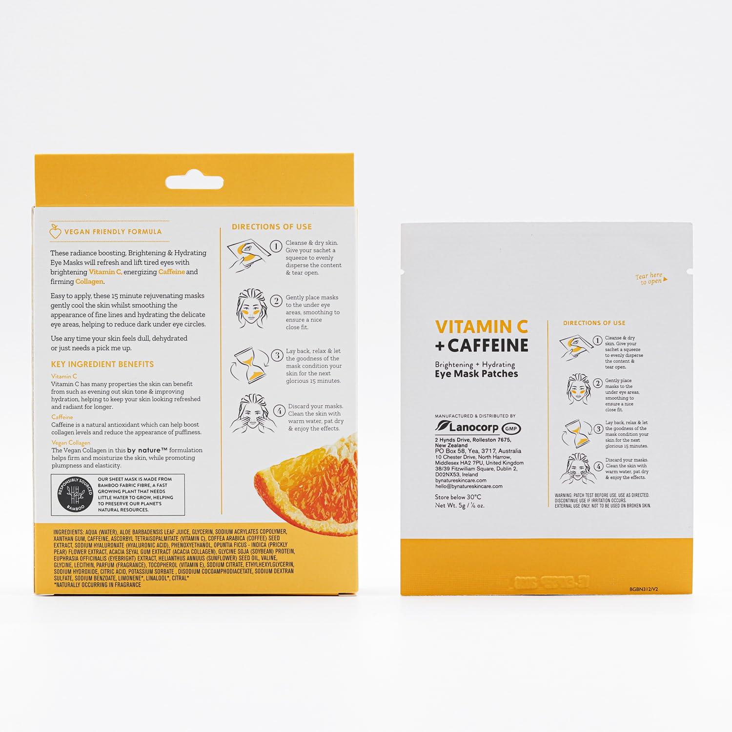 By Nature By Nature Vitamin C + Caffeine Brightening + Hydrating Under Eye Mask Patches - Energizing + Replenishing Eye Patches for Dark Circles - Skincare from New Zealand - Under Eye Patches - 5 Pairs