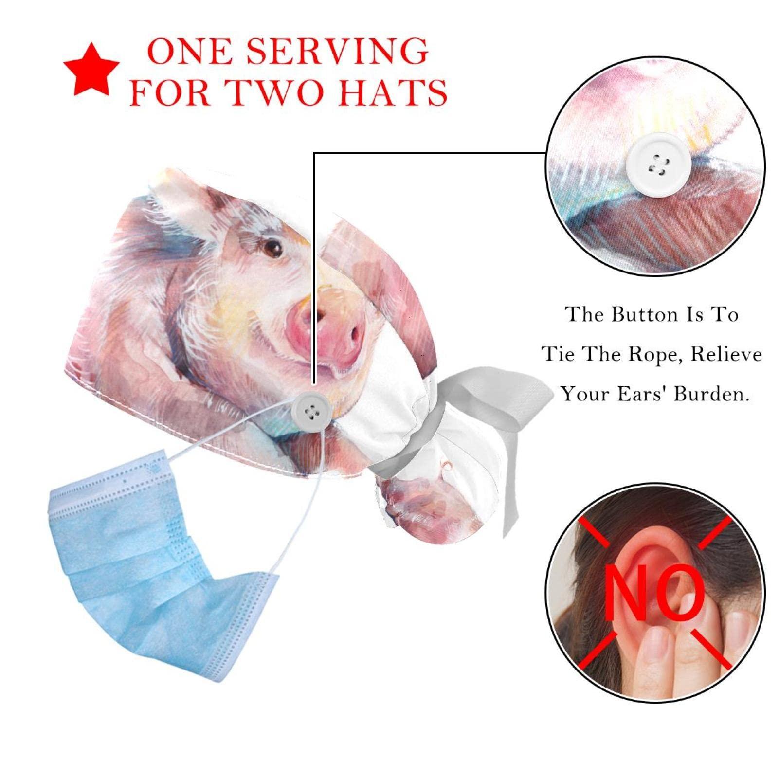 Lyetny Watercolor Cute Piggy On White Scrub Caps Hats Women Bouffant Working Hat Ponytail Holder for Women Long Hair Covers 2PCS