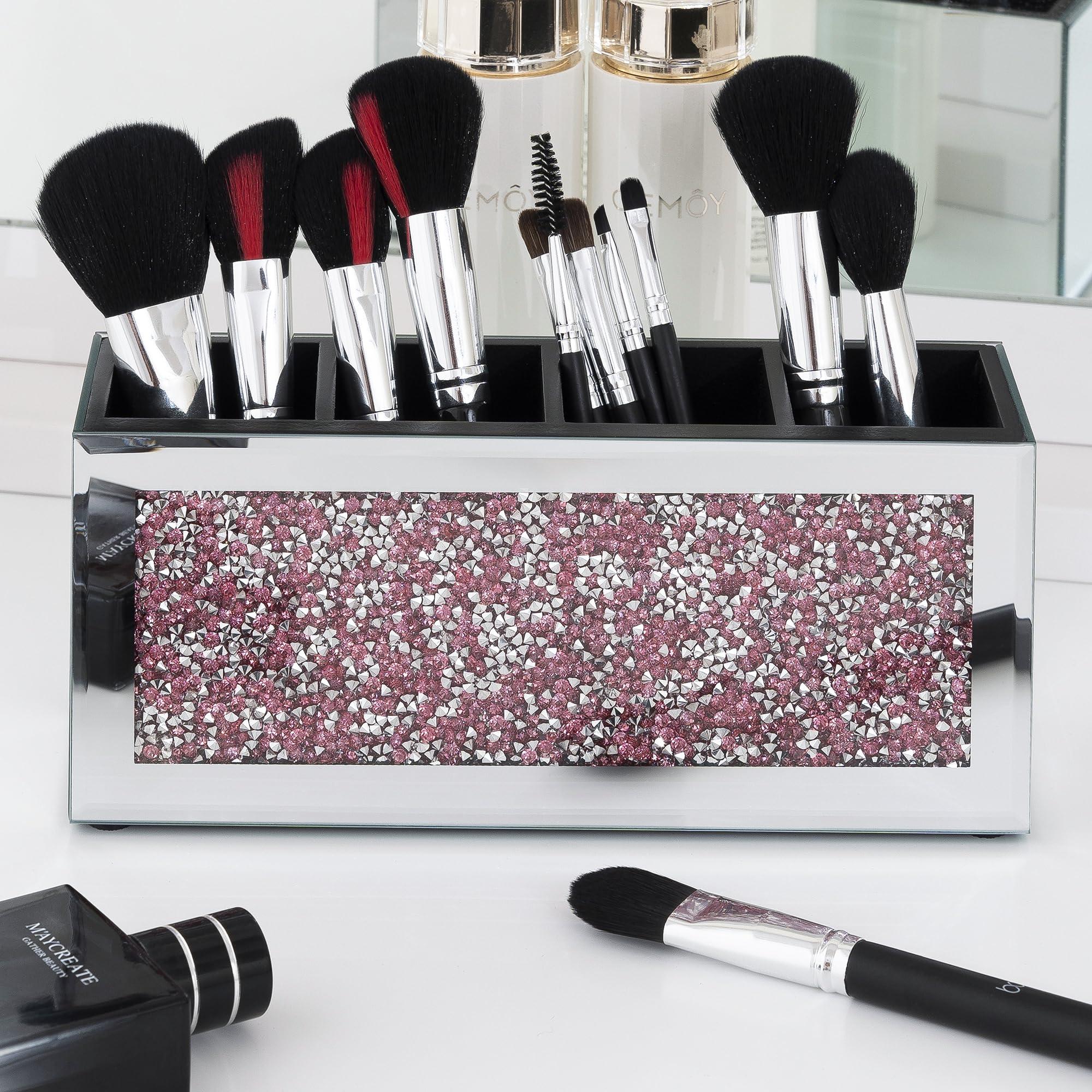 SHYFOY SHYFOY Mirrored Makeup Brush Holder, 4-Compartment Makeup Organizer with Pink Crushed Diamond, Vanity Cosmetics Organizer Solution, Pencil Holder Organizer for Desk
