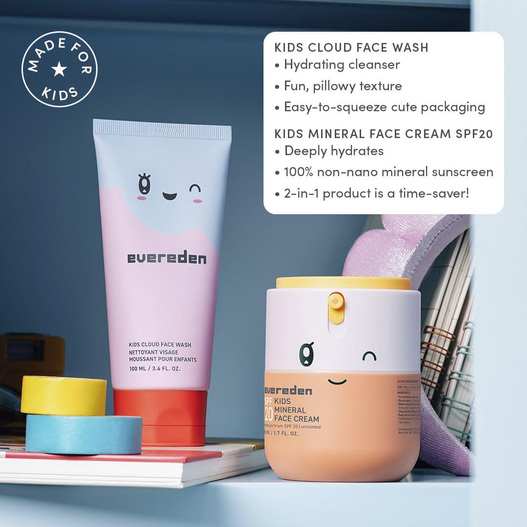 Evereden Kids Happy Morning DUO: Clean & Vegan Skin Care for Kids Bundle | Kids Skin Care Cloud Face Wash + SPF 20 Mineral Face Cream | Non-Toxic | Non-Comedogenic | Fun | Easy-to-Use Skincare for Kids