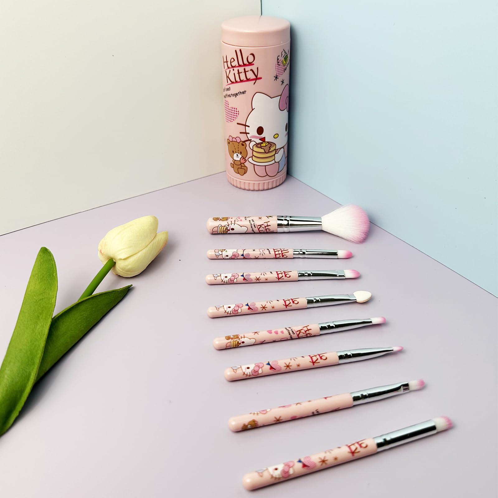 Holymid Kawaii Kitty 8PCS Makeup Brush with Storage Bucket and Headband, Cartoon Cat Cosmetic Makeup Brush Set Professional Tool Kit Set Brush Set Best Gift for Girl Women