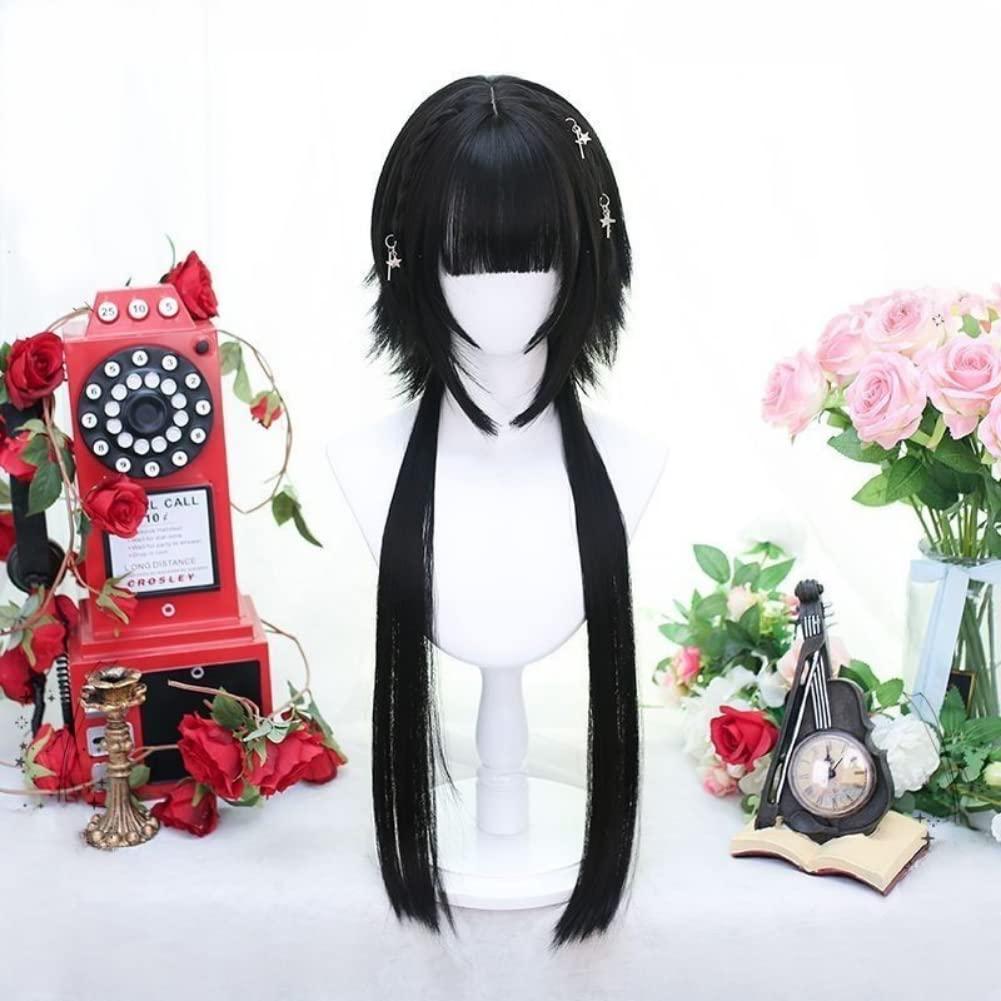SCORRO Hime Cut Long Straight Black Layered Hair Lolita Bob Wig Hair with Bangs, Pre-styled Jellyfish Braided Hair Wig for Women Girls, Party Wig Halloween Daily Wigs (braided Styling,natural Black)