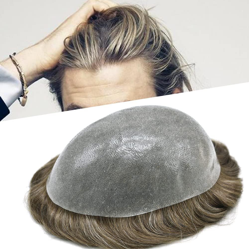 LHC Hair System For Men 0.1MM Full Poly Toupee For Men Human Hair ComfortableWiht durable Mens Hair Pieces Protesis Capilar Para Hombre (8\'\'*10\'\', #740 7# VERY LIGHT BROWN WITH 40% SYNTHETIC GREY -110% light to medium density)