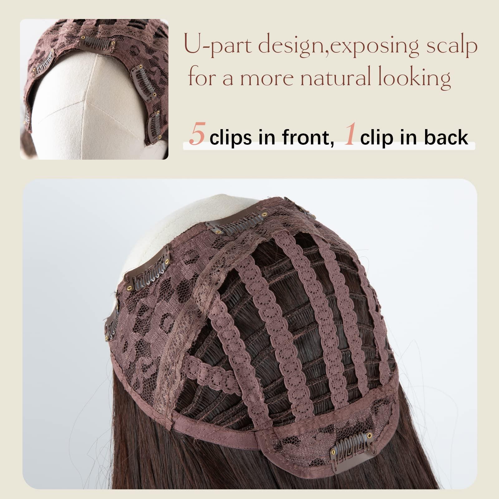 SARLA SARLA Clip in U Part Hair Extensions Synthetic Long Wavy Curly Thick Full Head Hairpiece for Women Light Auburn 24 Inch