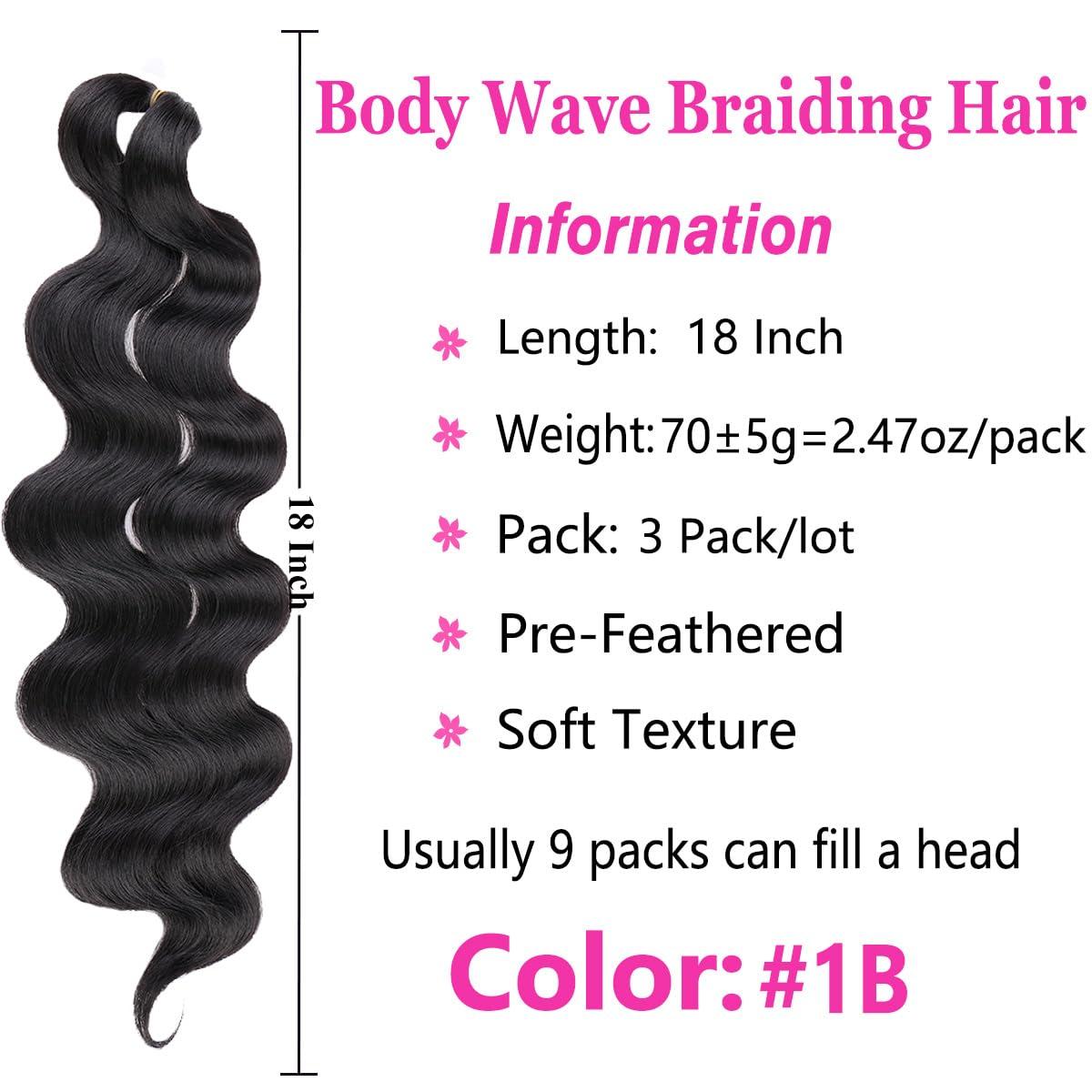 COOKOO COOKOO 3 Packs Natural Black Body Wave Braiding Hair 18 inch Pre-Feathered Braiding Hair for Boho Box Braids Bouncy Wavy Crochet Braids French Curl Crochet Braids Synthetic Hair Extensions(1B#)