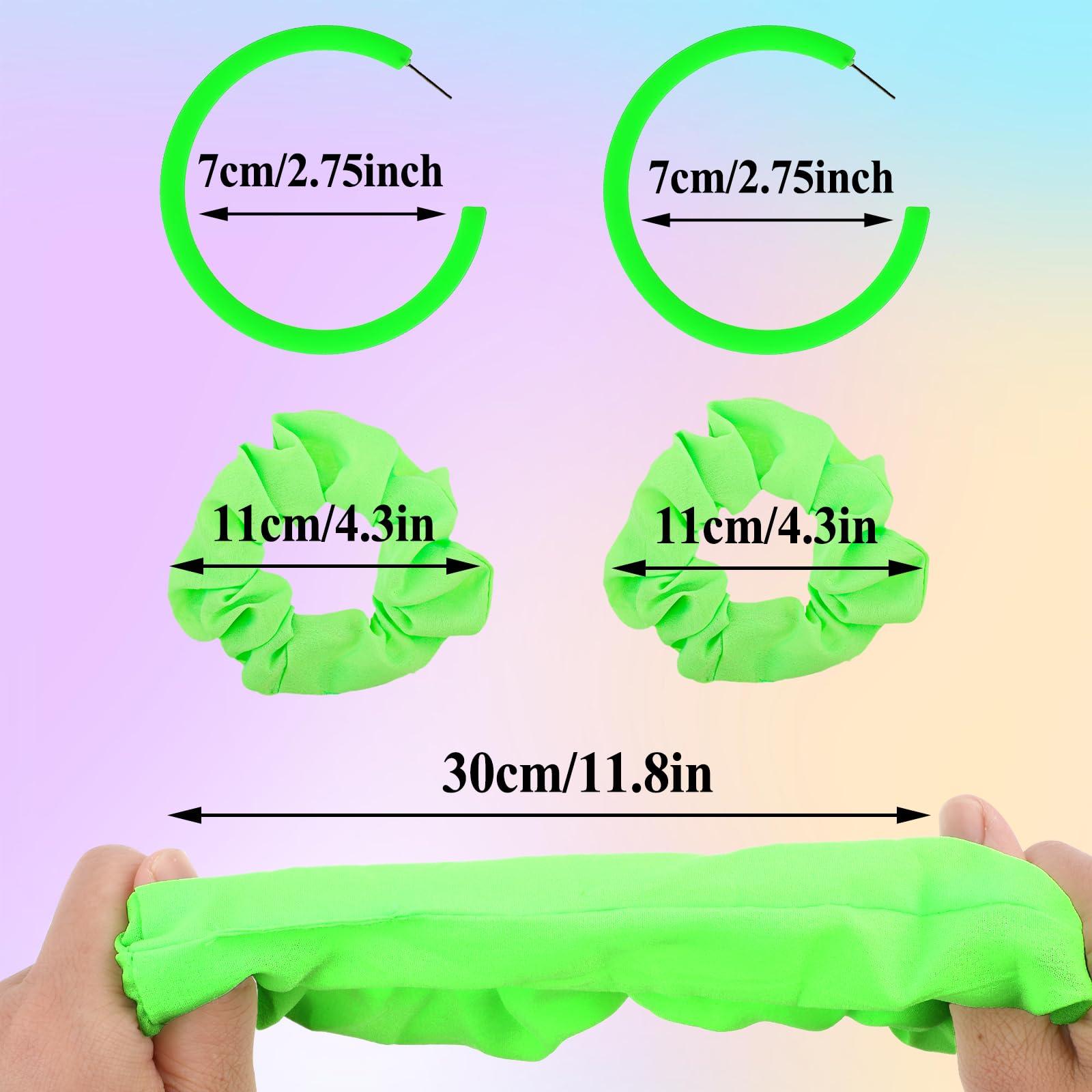 Lusofie 4 Pack 80s Neon Hair Scrunchies,Green Neon Earrings & Elastic Hair Scrunchy Set, Large Neon Scrunchies & Circle Style Earrings for Women Girl Halloween Party Decorations (Fluorescent Green)