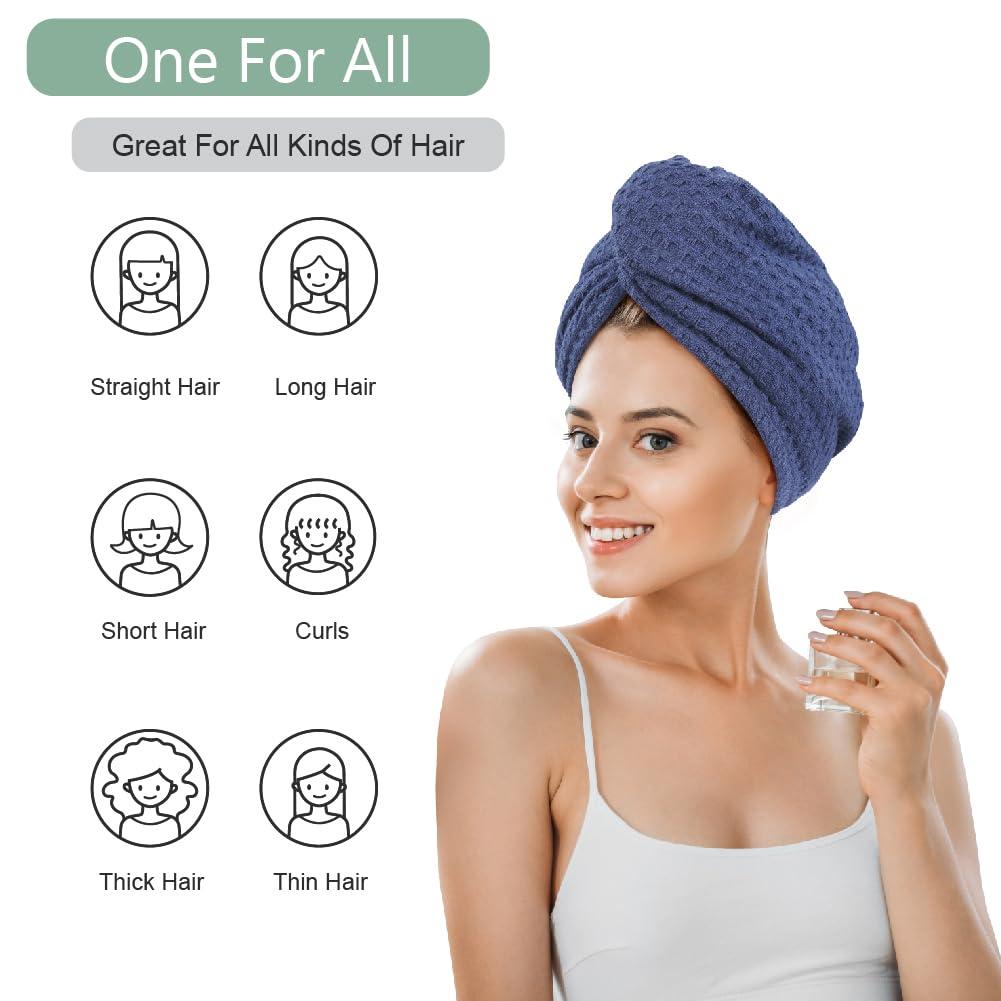 Dolwis Microfiber Hair Drying Towel - 2Packs Waffle Long Hair Head Turban Wraps Terry Cloth Fast Absorbent Dry Anti Frizz Twist Plopping Curly Shower Turban for Women Wet Hair (Dark Blue)