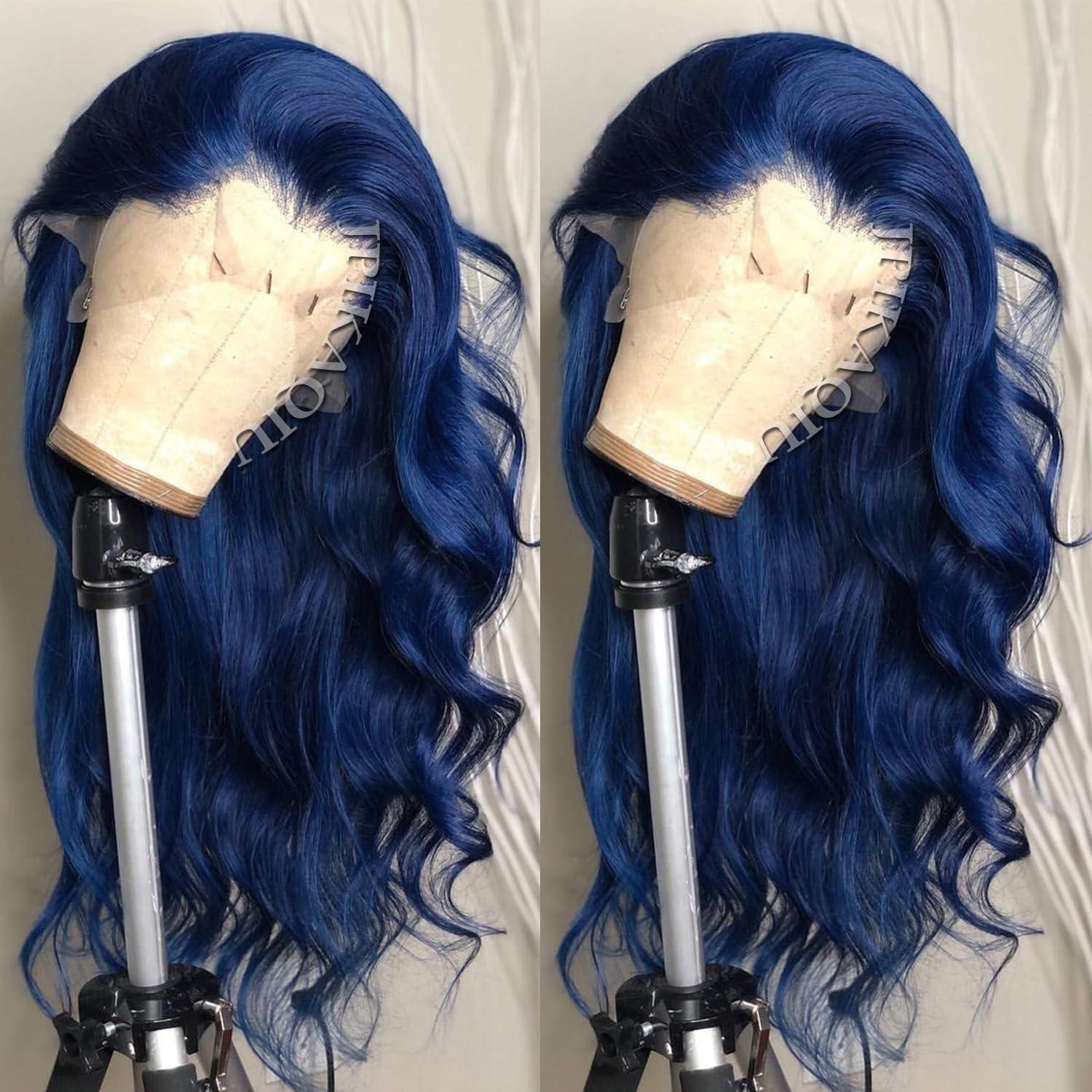 JPIKAQIU JPIKAQIU 24 Inch Dark Blue Wig Blue Lace Front Wig Pre Plucked Long Body Wave 13x3 HD Lace Wig Glueless Navy Blue Colored Synthetic Lace Front Wigs For Fashion Women