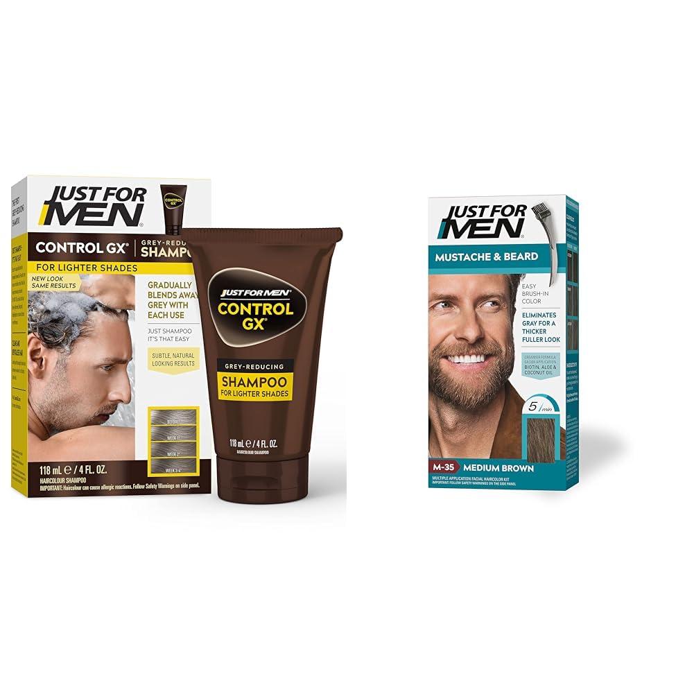 Just for Men Just for Men Control GX Grey Reducing Shampoo for Lighter Shades of Hair & Mustache & Beard, Beard Dye for Men with Brush
