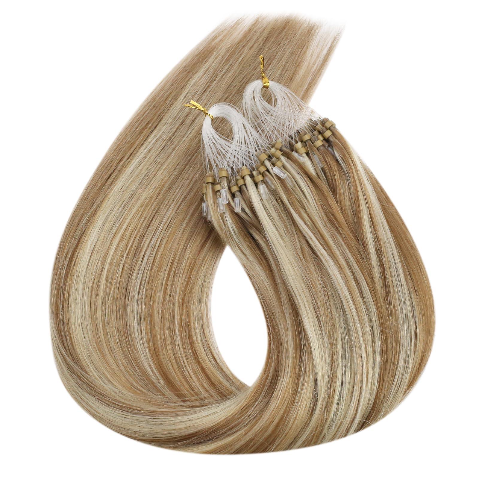 Ugeat Ugeat Micro Beads Hair Extensions Golden Brown Highlights Bleach Blonde Micro Loop Hair Extensions Bleach Blonde Micro Rings Hair Extensions Straight Human Cold Fusion Hair Extensions 50s 50g 24 Inch