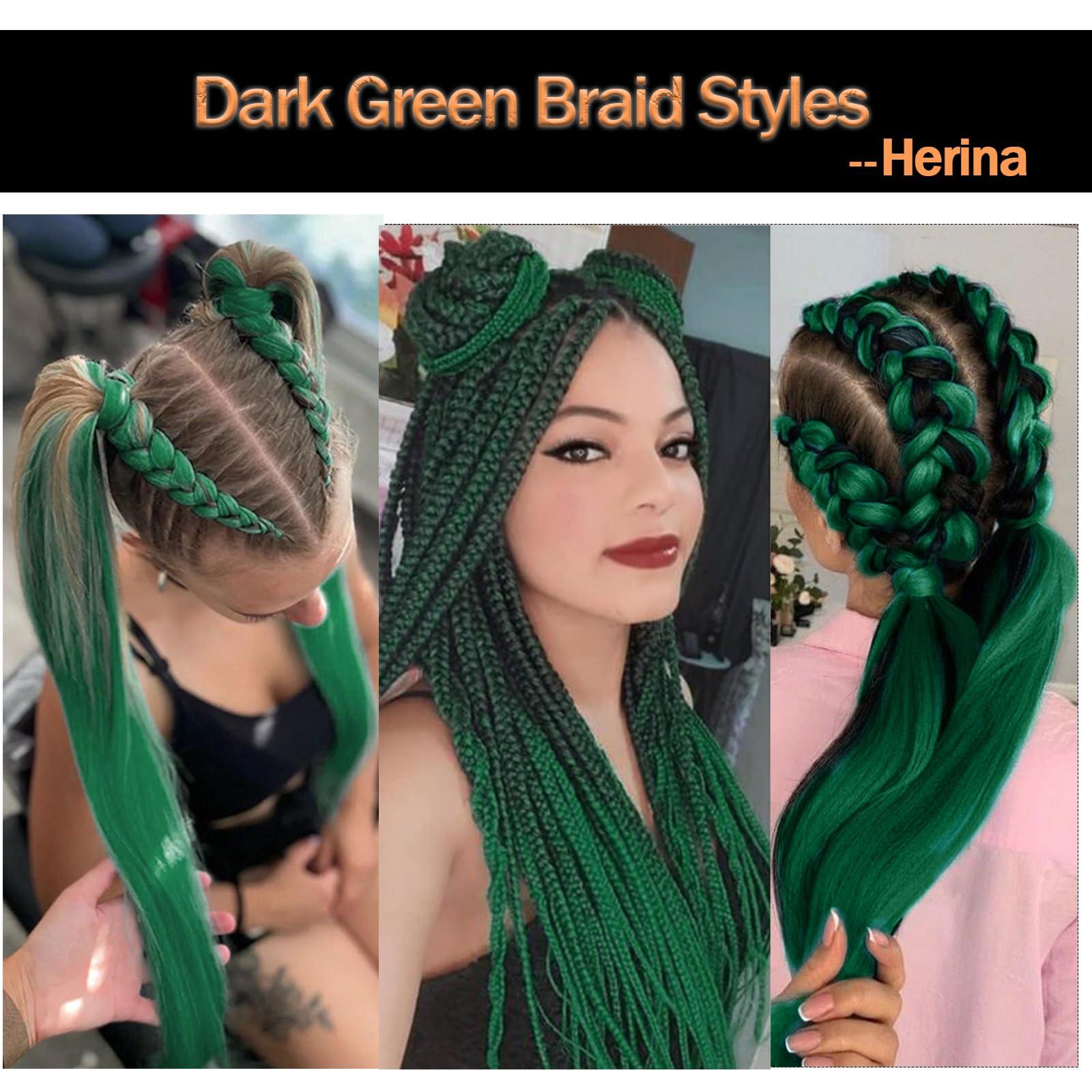 Herina Herina Dark Green Hair Extensions 3pcs Green Braiding Hair For Fake Braids High Temperature Jumbo Braiding Hair For Braids(3pcs/pack)
