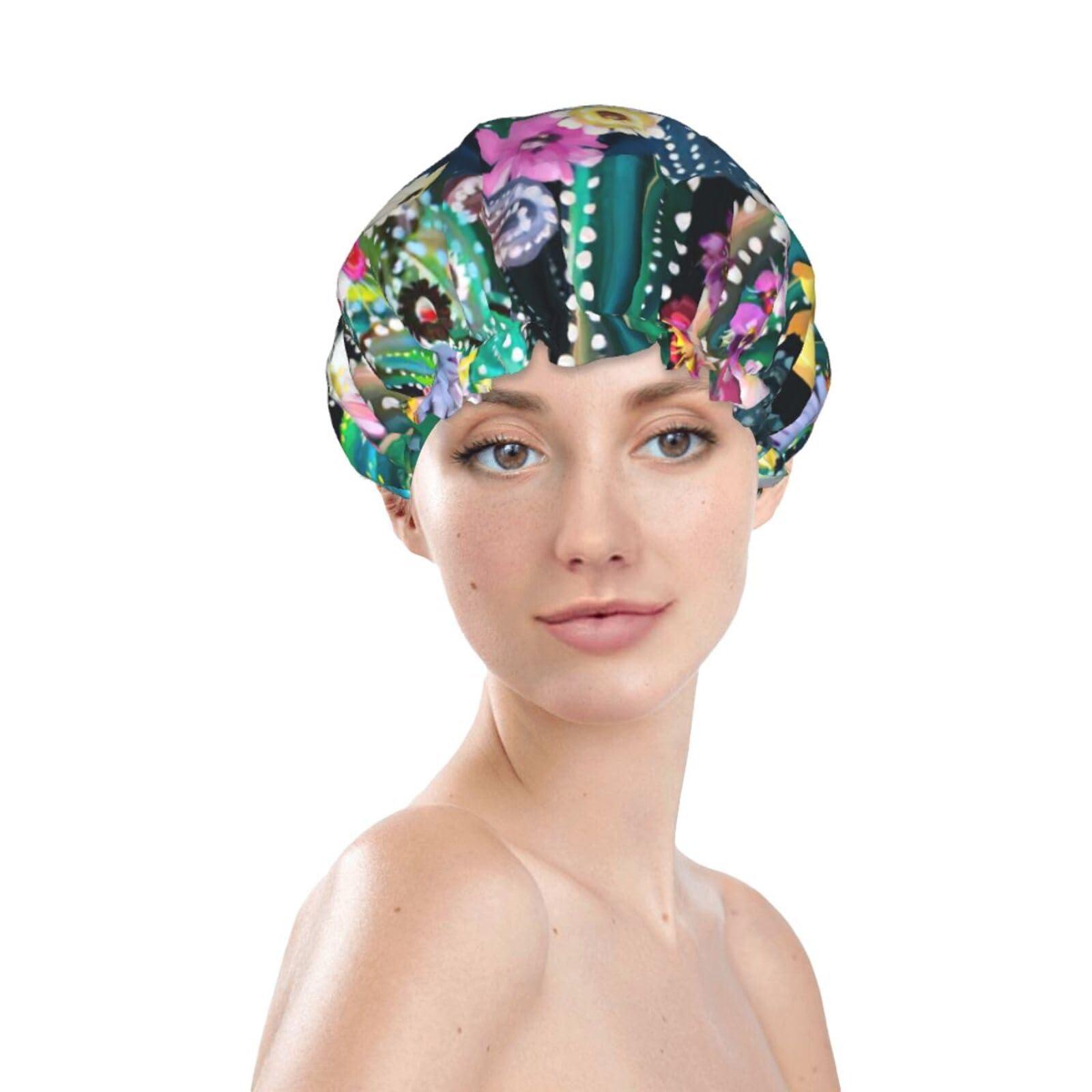 WURTON WURTON Blooming Cactus Print Soft Shower Cap for Women, Reusable Environmental Protection Hair Bath Caps