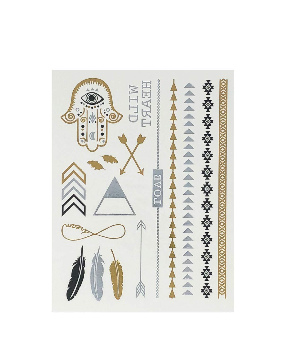 allydrew Wrapables Celebrity Inspired Temporary Tattoos in Metallic Gold Silver and Black (6 Sheets), Large, Triangles & Feathers