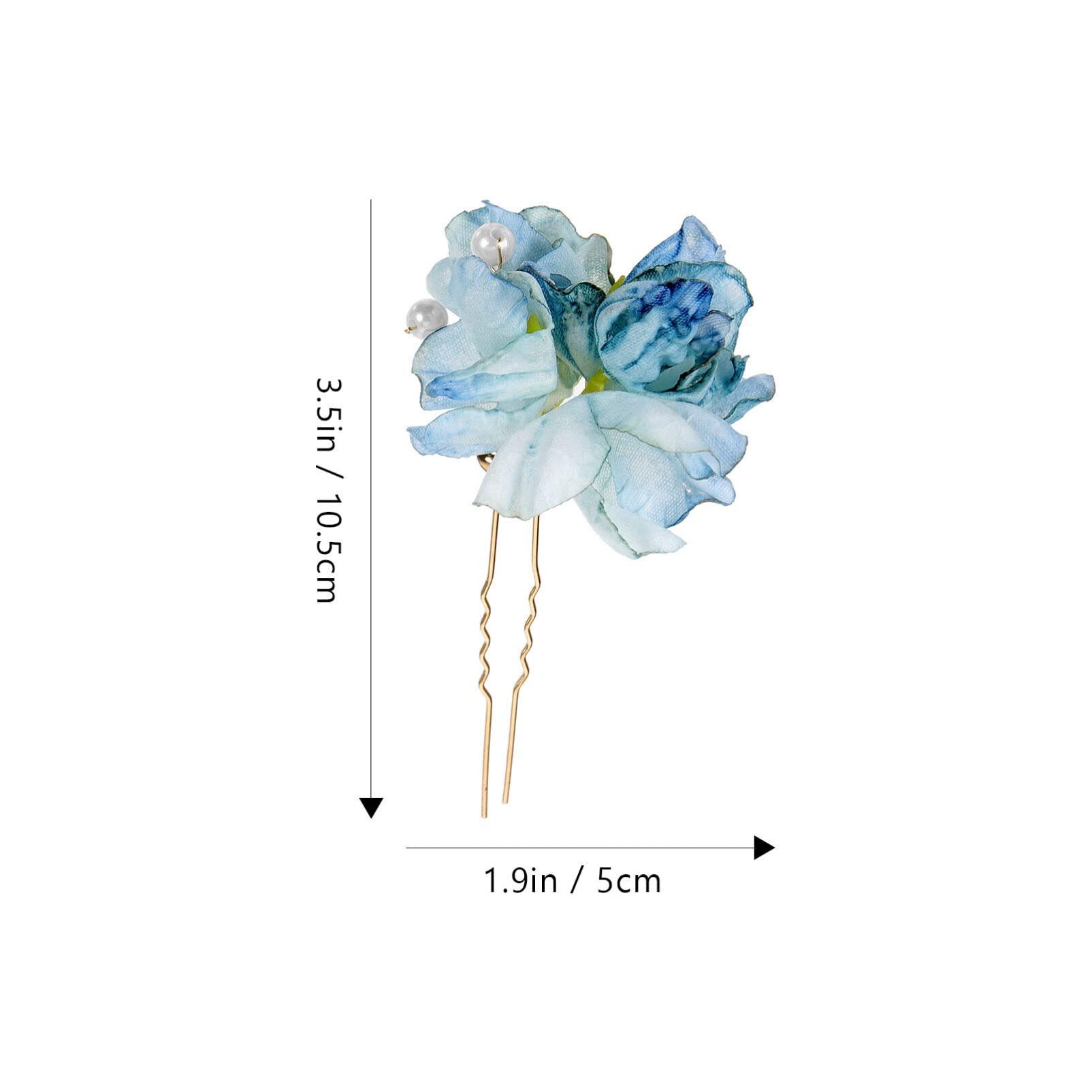 USHOBE 2pcs Piece Blue Flower Hair Fork Pearl Headpiece Blue Hair Pins Hair Pearls Floral Hair Pins Wedding Hair Accessories for Brides Wedding Hair Clip Floral Hair Accessories