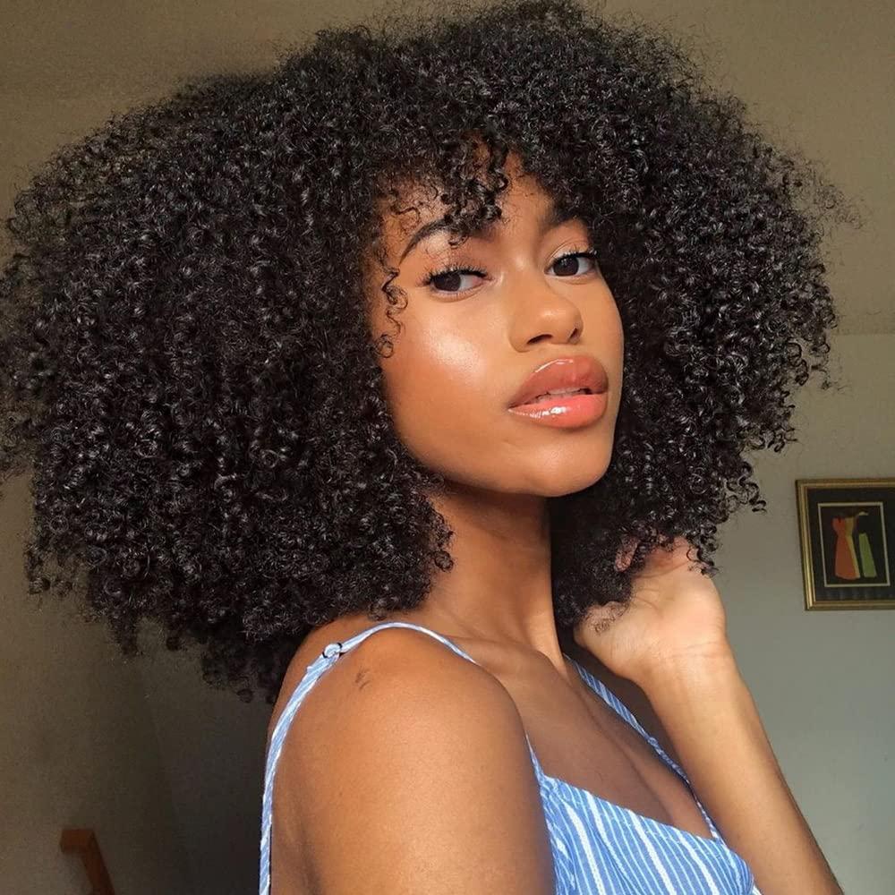 mszyhuwan Afro Mongolian Hair Kinky Curly Human Hair Wigs For Black Women Curly Bob Wigs With Bangs Glueless No Lace Wig Natural Color Remy Hair Brazilian 200 Density Full Machine Made Scalp Top Wig 16 Inch