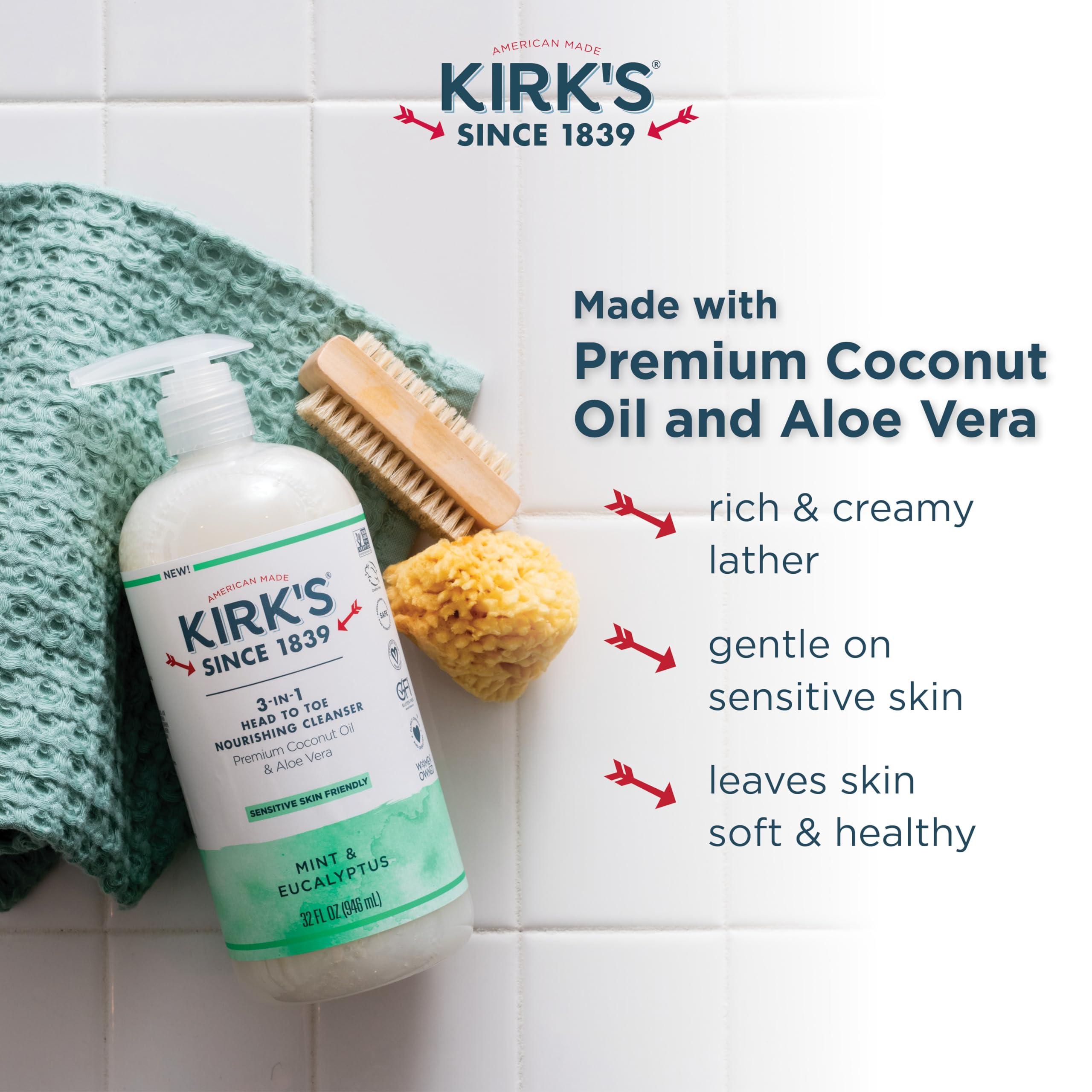 Kirk's Kirk\'s 3-in-1 Head to Toe Nourishing Liquid Cleanser & Travel Size Bar Soap - for Men, Women & Children - Premium Coconut Oil & Aloe Vera- Non GMO & Vegan -Mint & Eucalyptus - 32 Fl Oz