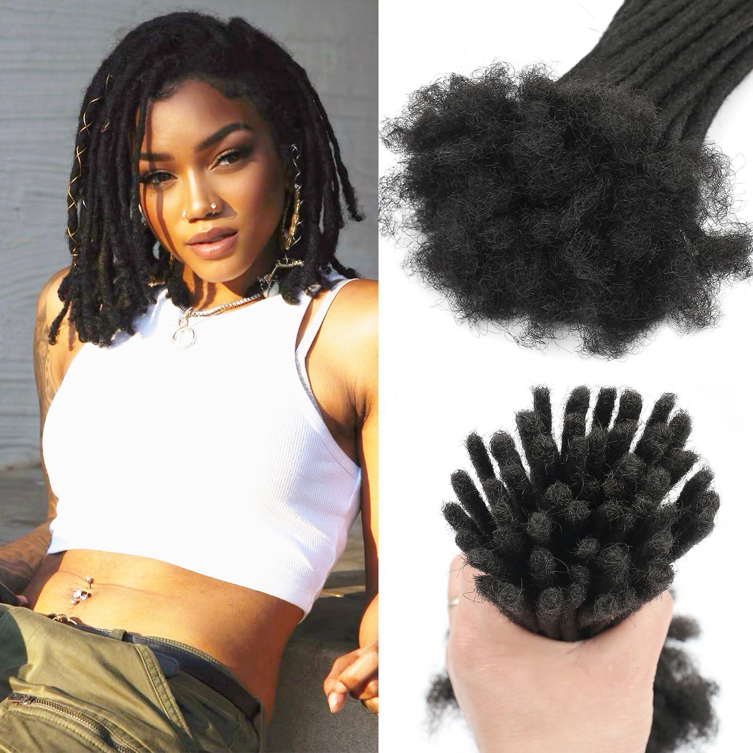 FEHOKA 0.6cm 4 Inch Human Hair Locs Extensions 60 Strands Dreadlocs Extensions Real Human Hair Natural Black for Women Men Kids Full Handmade Permanent Human Hair Locs Can Be Dyed and Bleached
