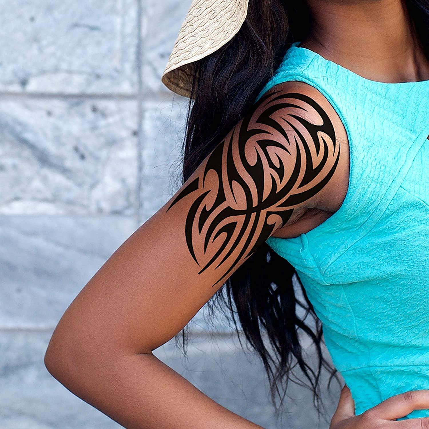 Tatodays Tatodays Temporary tattoo Hawaiian Maori shoulder stick on black Maori tribal body art sticker transfer for arms shoulder Aztec Polynesian Samoan for adult men and women luau fancy dressparty