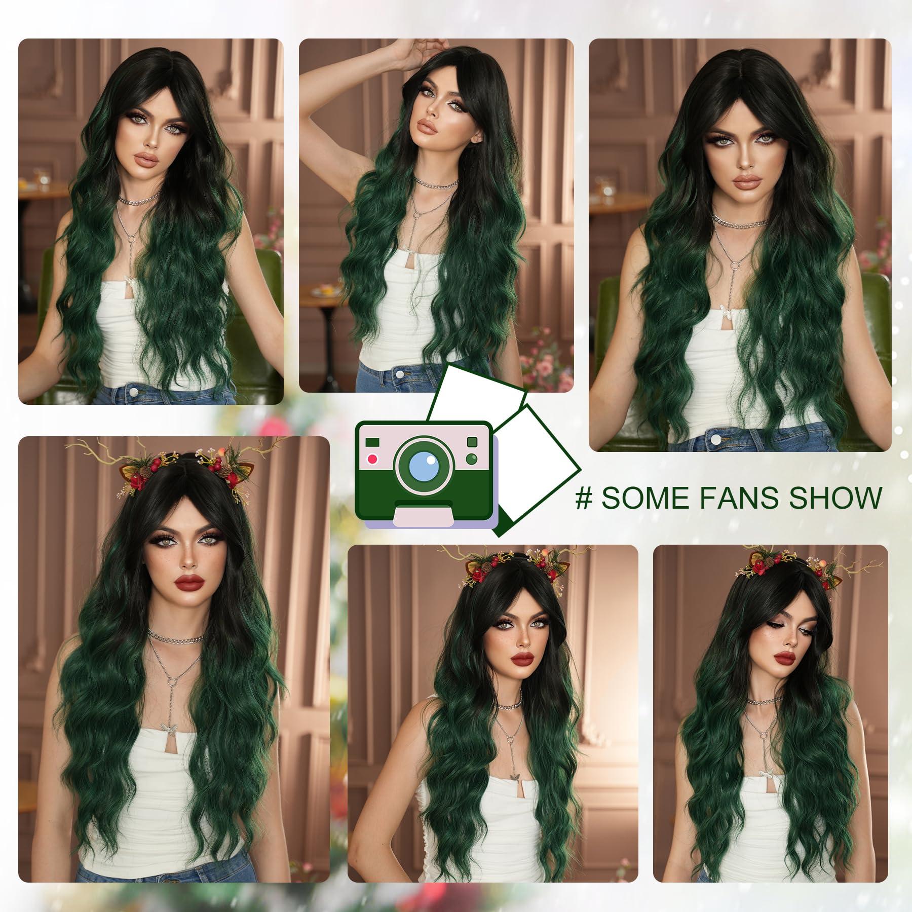 7JHH WIGS 7JHH WIGS Long Wavy Synthetic Dark Green Ombre Wigs with Dark Roots Black Green Ombre Hollween Curly Cosplay Party Wigs for Women Used